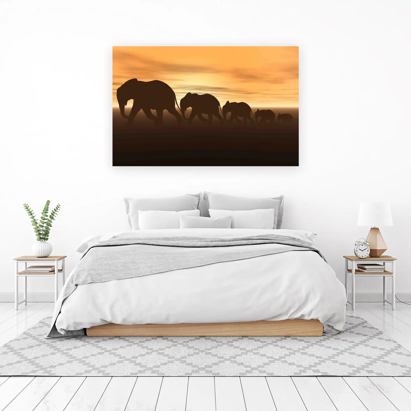 Majestic Elephant Herd Sunset Silhouette Wall Art