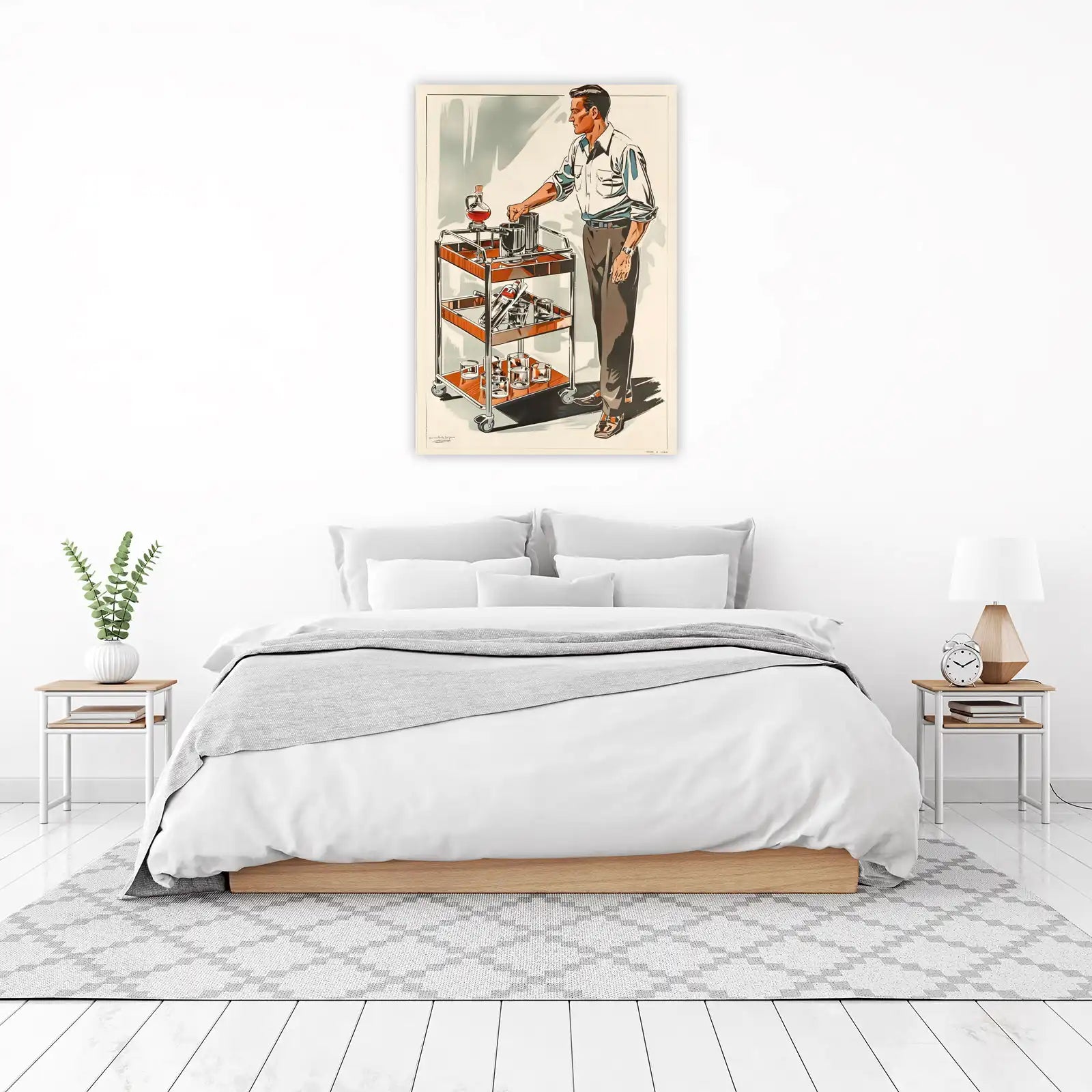 Vintage Bar Cart Man Wall Art - Retro Barware Art