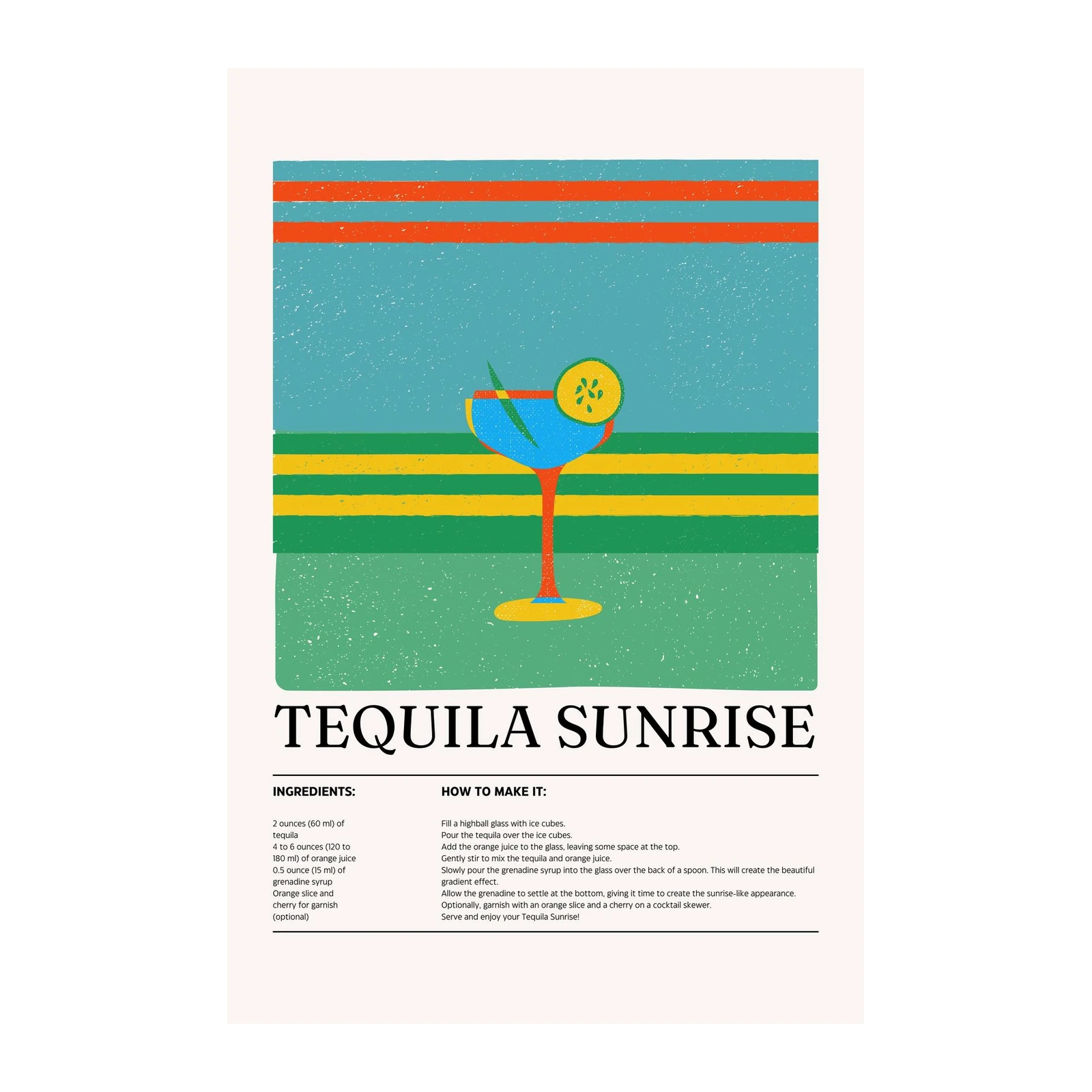 Retro Tequila Sunrise Cocktail Recipe Wall Art