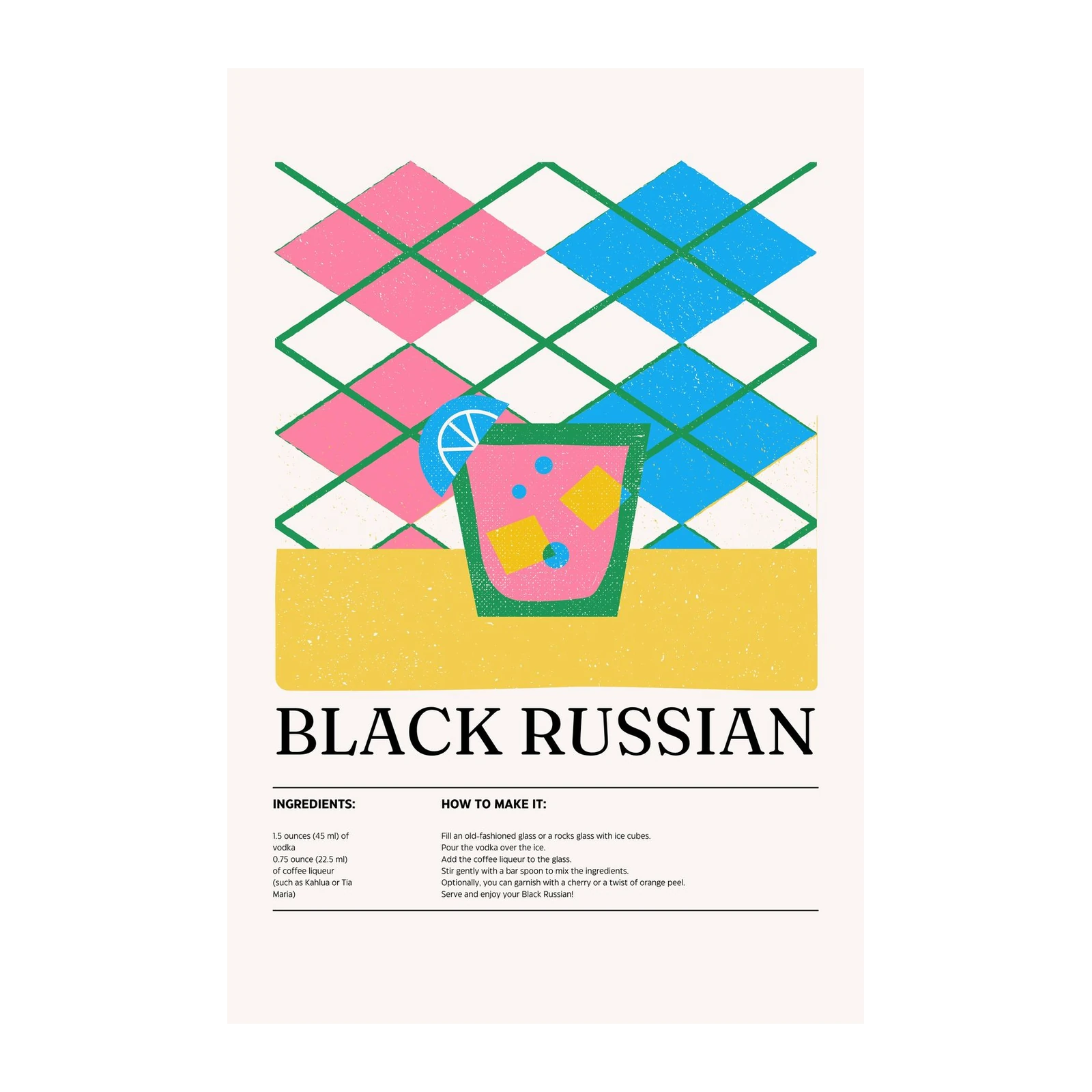 Retro Black Russian Cocktail Recipe Wall Art