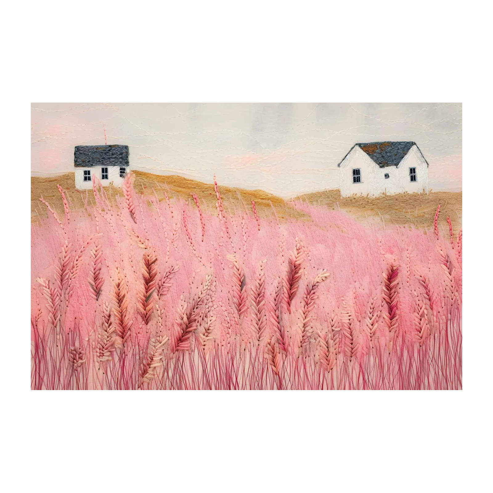 Pink Field & Cottages Embroidered Wall Art