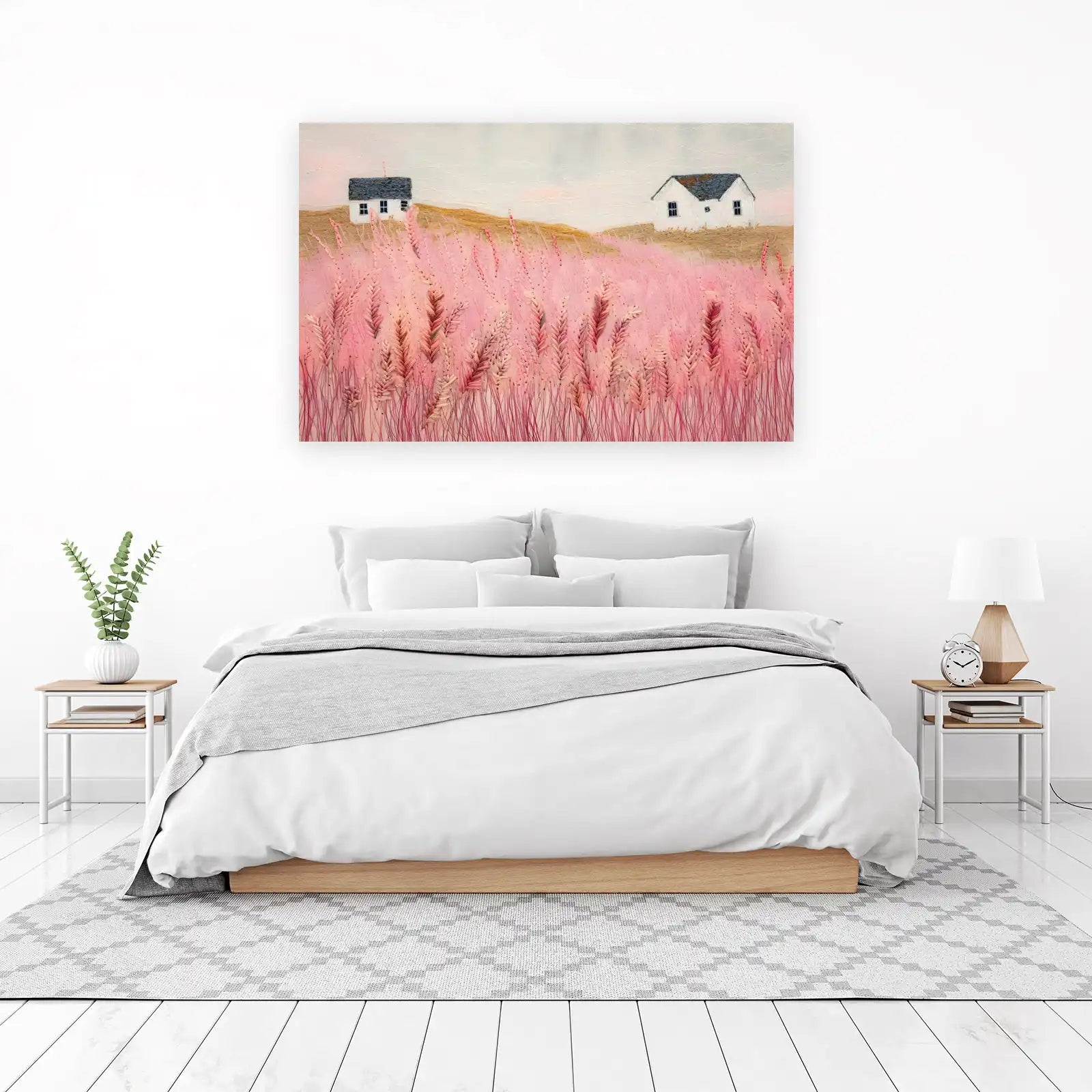 Pink Field & Cottages Embroidered Wall Art