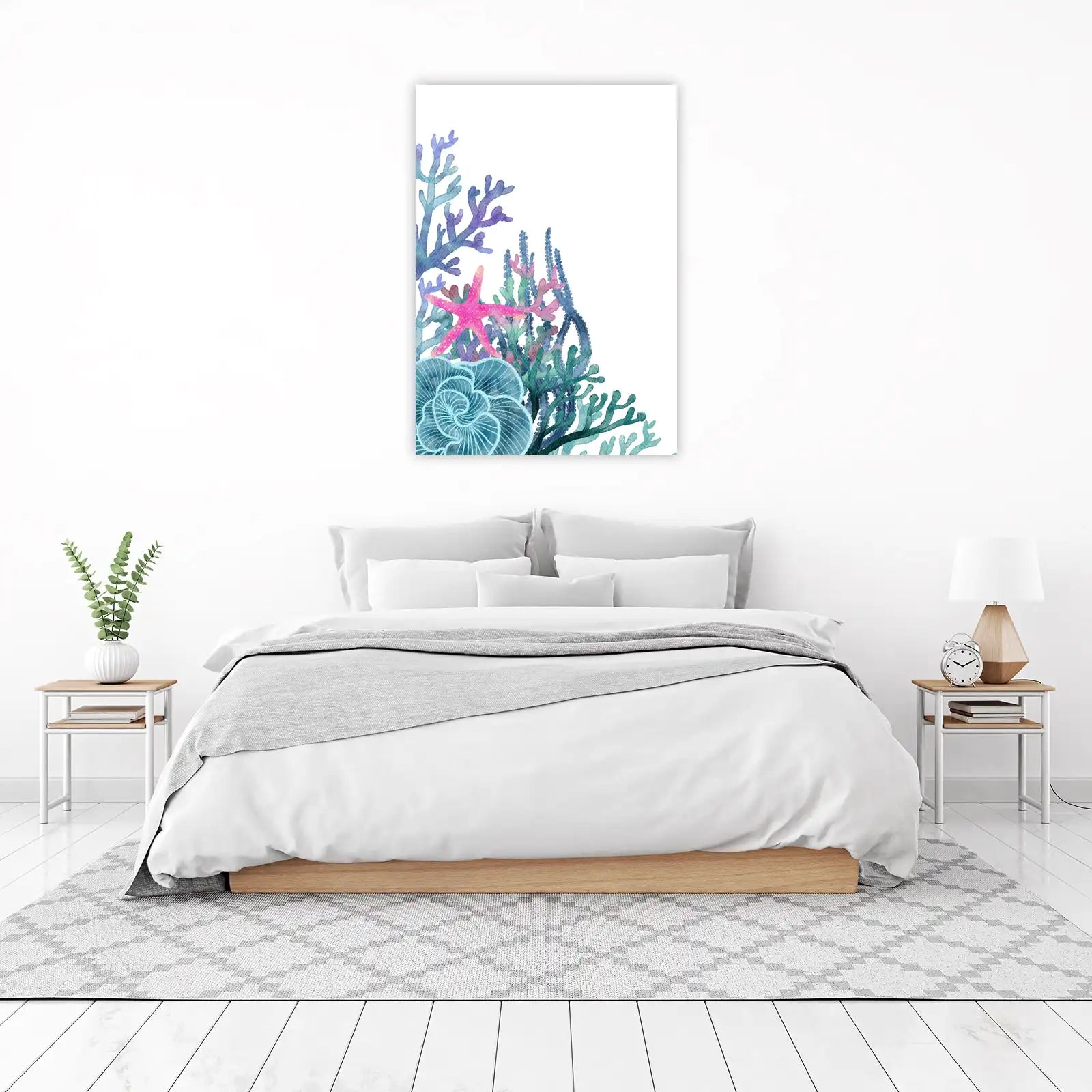 Vibrant Coral & Starfish Watercolor Wall Art