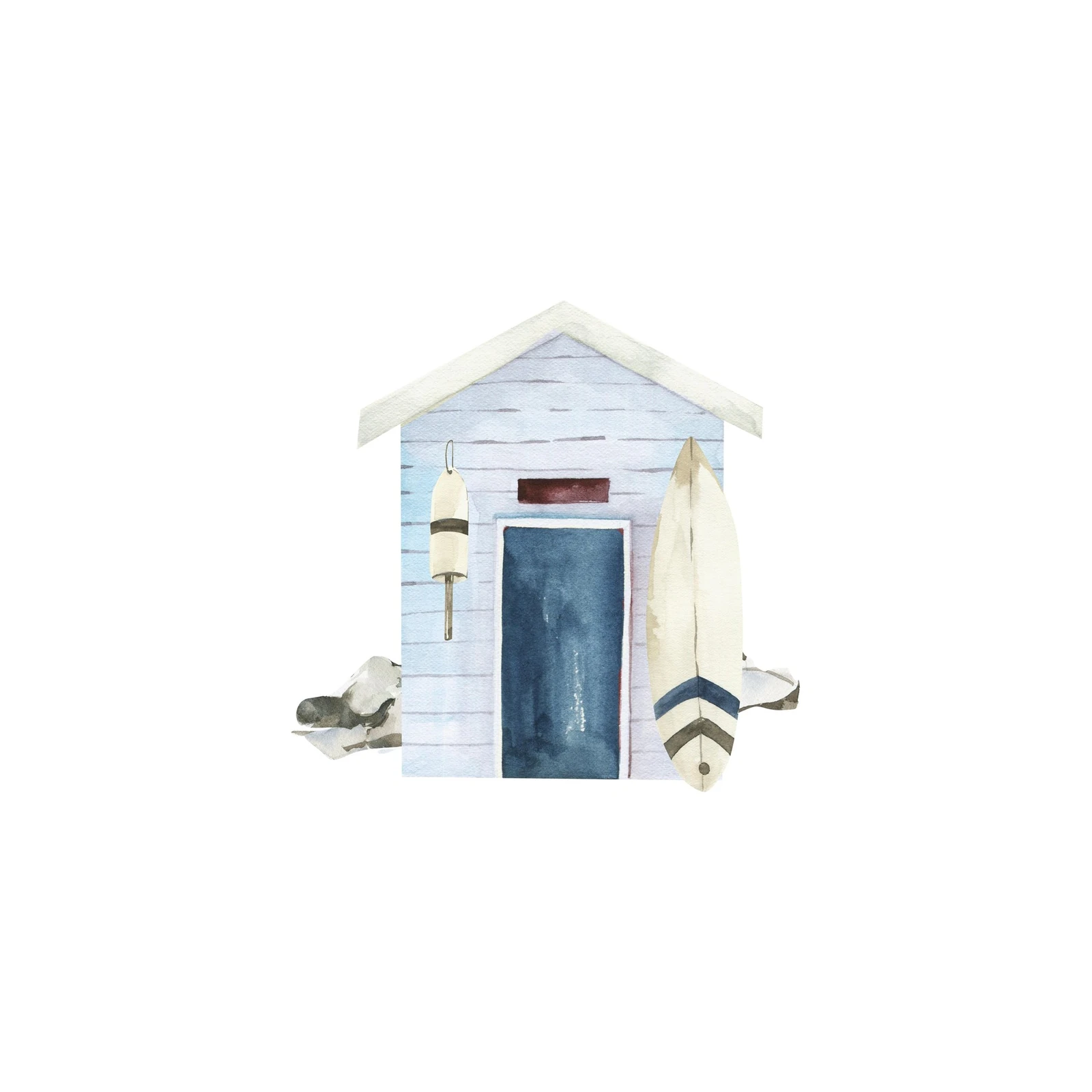 Serene Beach Hut & Surfboard Watercolor Wall Art