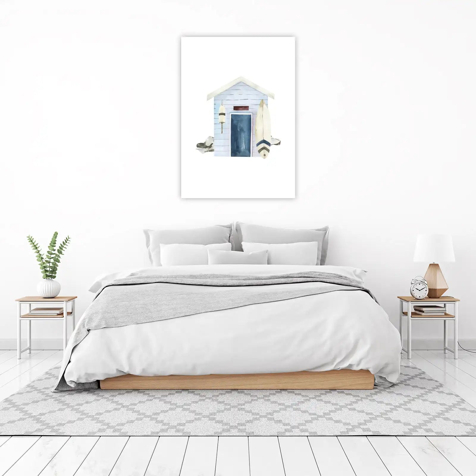 Serene Beach Hut & Surfboard Watercolor Wall Art