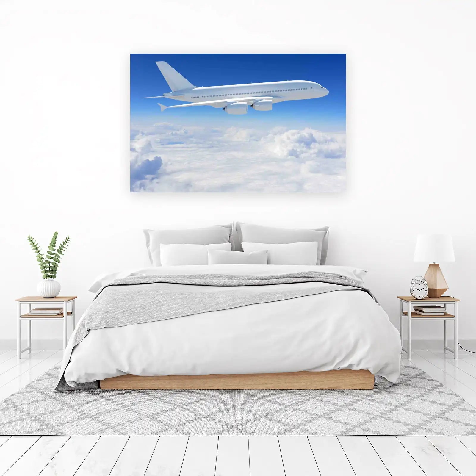 White Airplane Flying Above Clouds Wall Art
