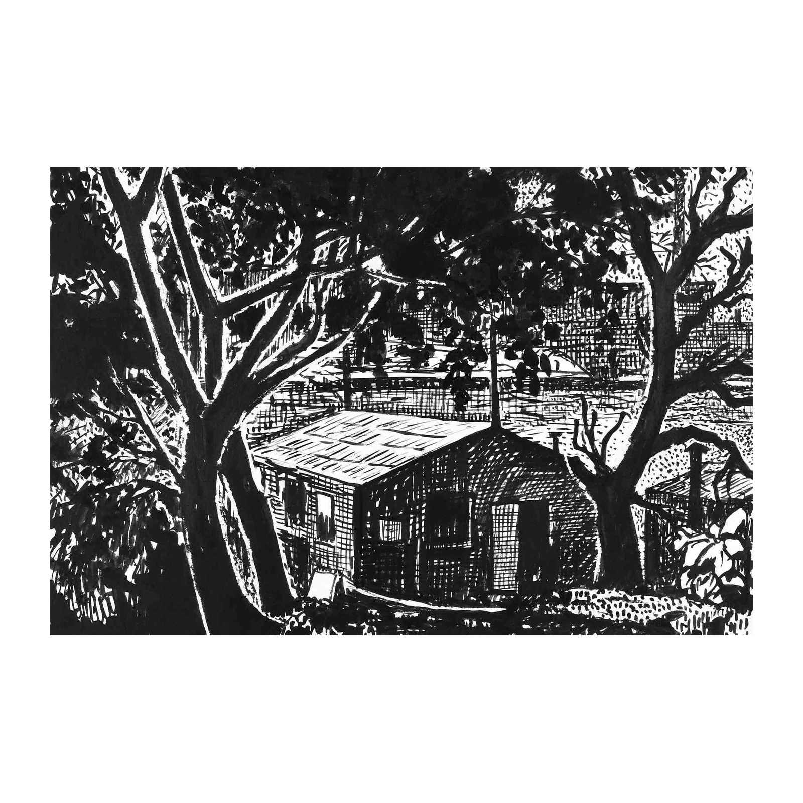 Rustic Cabin & Trees Black & White Wall Art