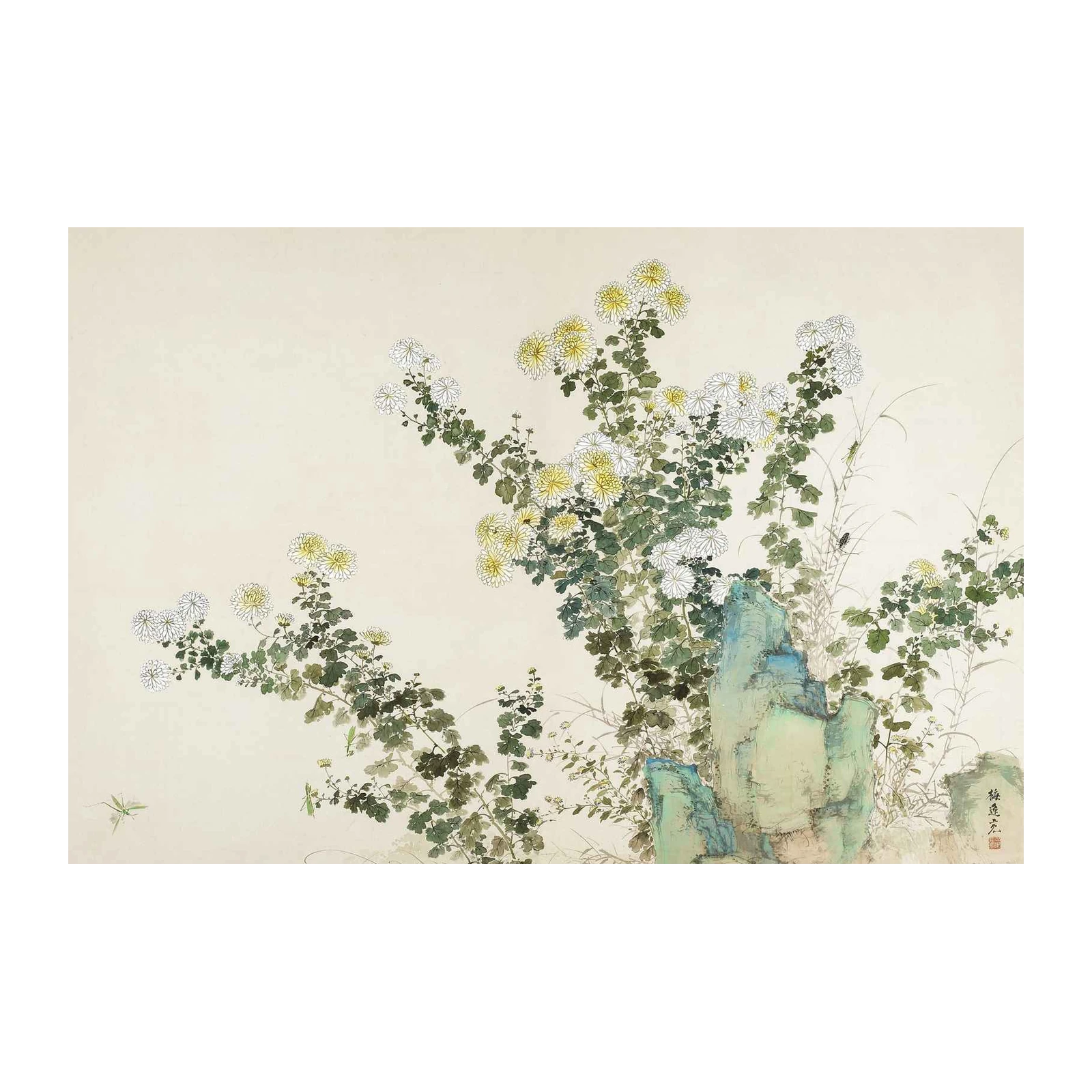 Chrysanthemum & Rock Japanese Art Wall Art