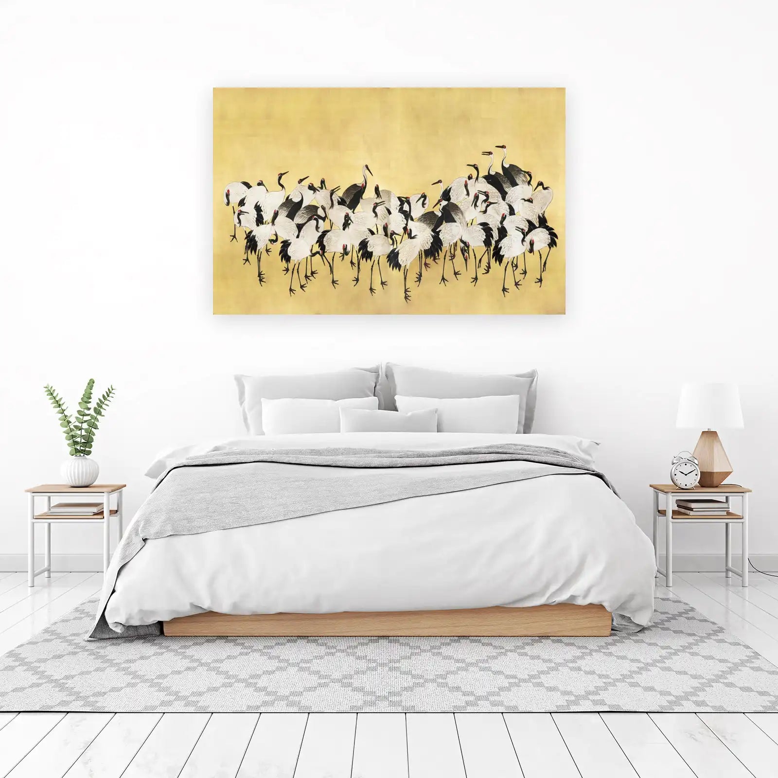 Majestic Crane Flock Gold Background Wall Art