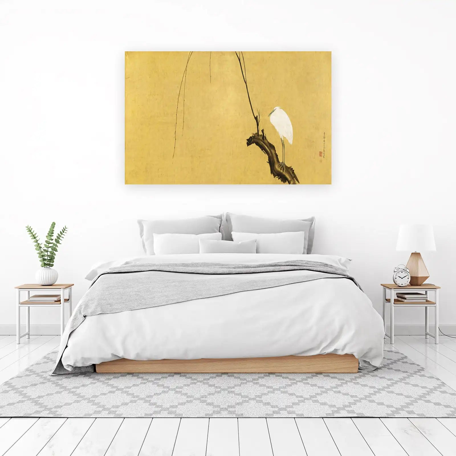 Elegant White Egret Zen Scroll Wall Art