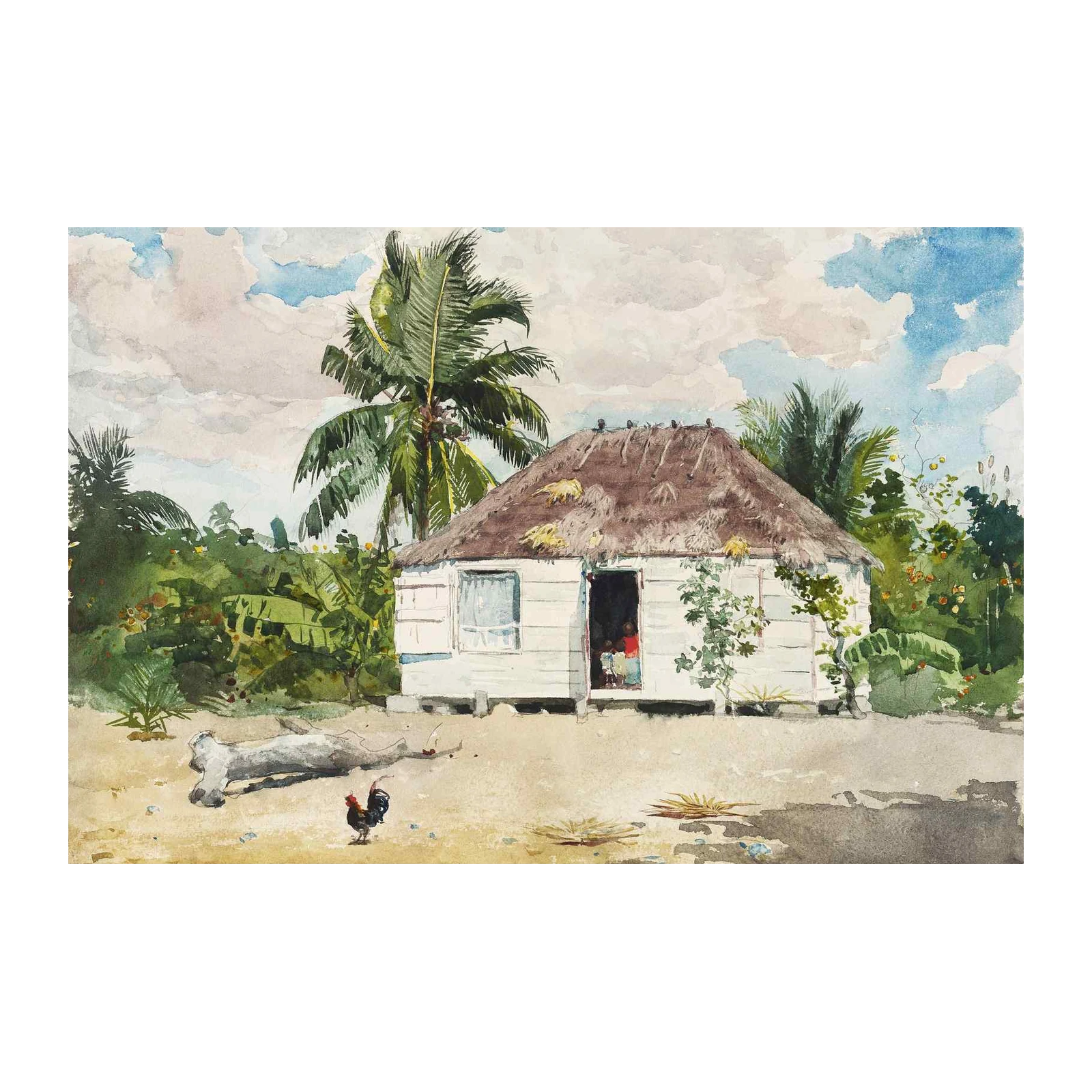Tropical Hut Rooster Watercolor Wall Art