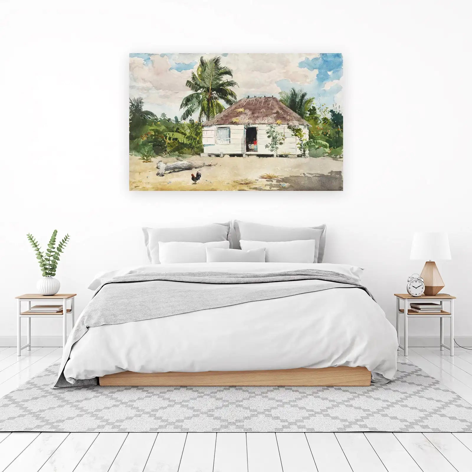 Tropical Hut Rooster Watercolor Wall Art