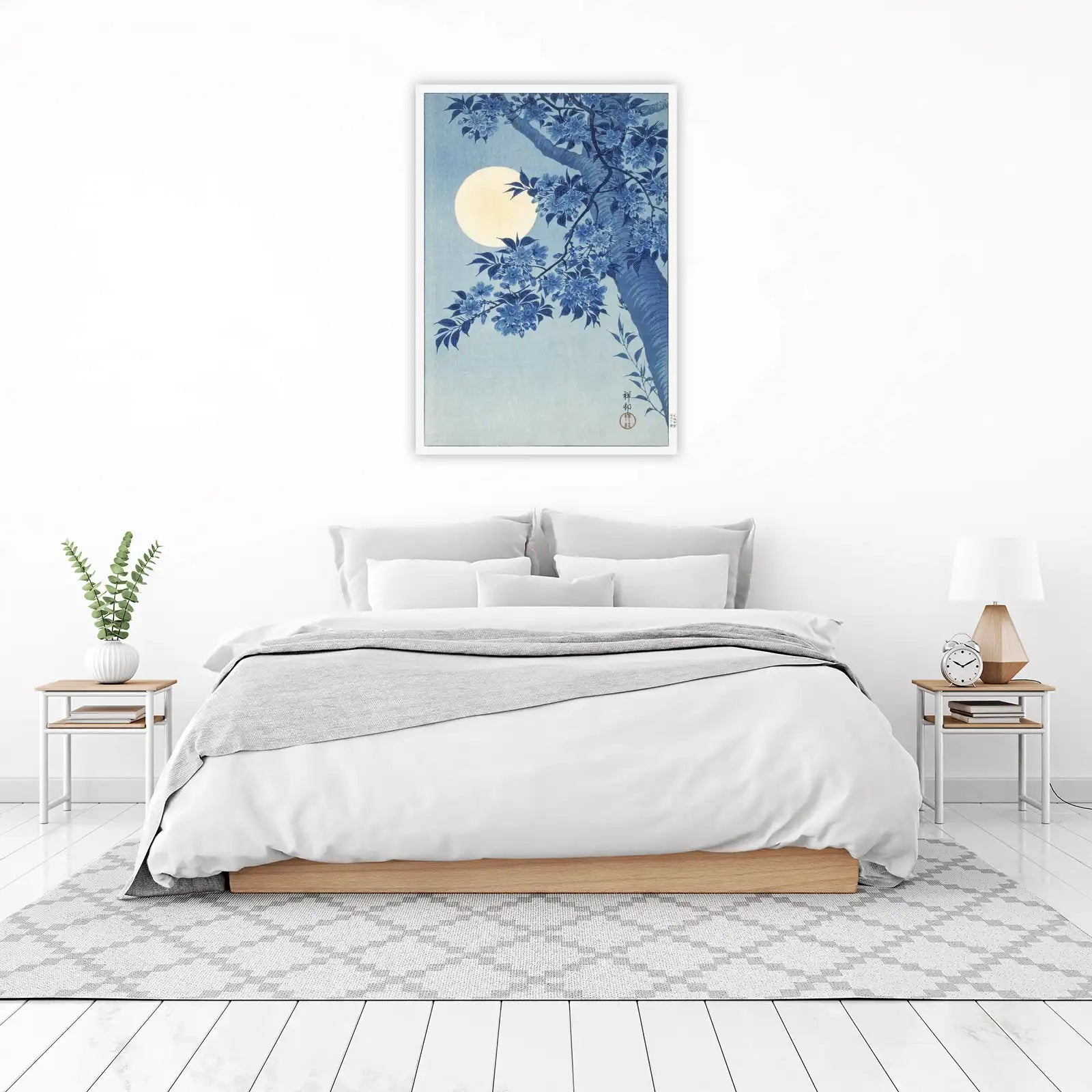 Serene Blue Cherry Blossom Moon Wall Art