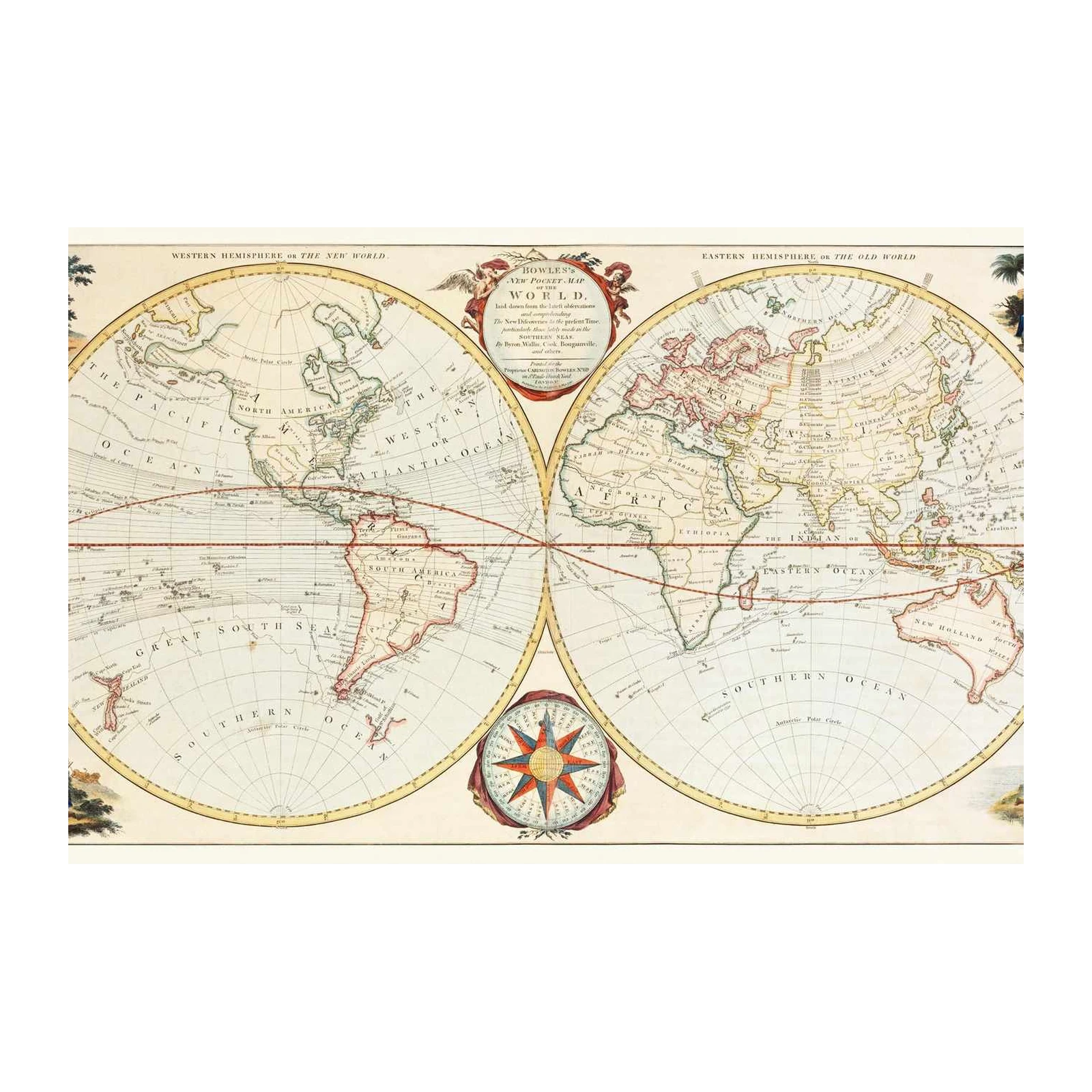 Vintage World Map Compass Rose Wall Art