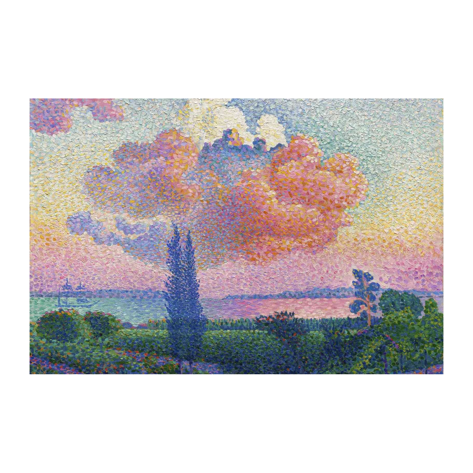Serene Sunset Landscape Pointillism Wall Art