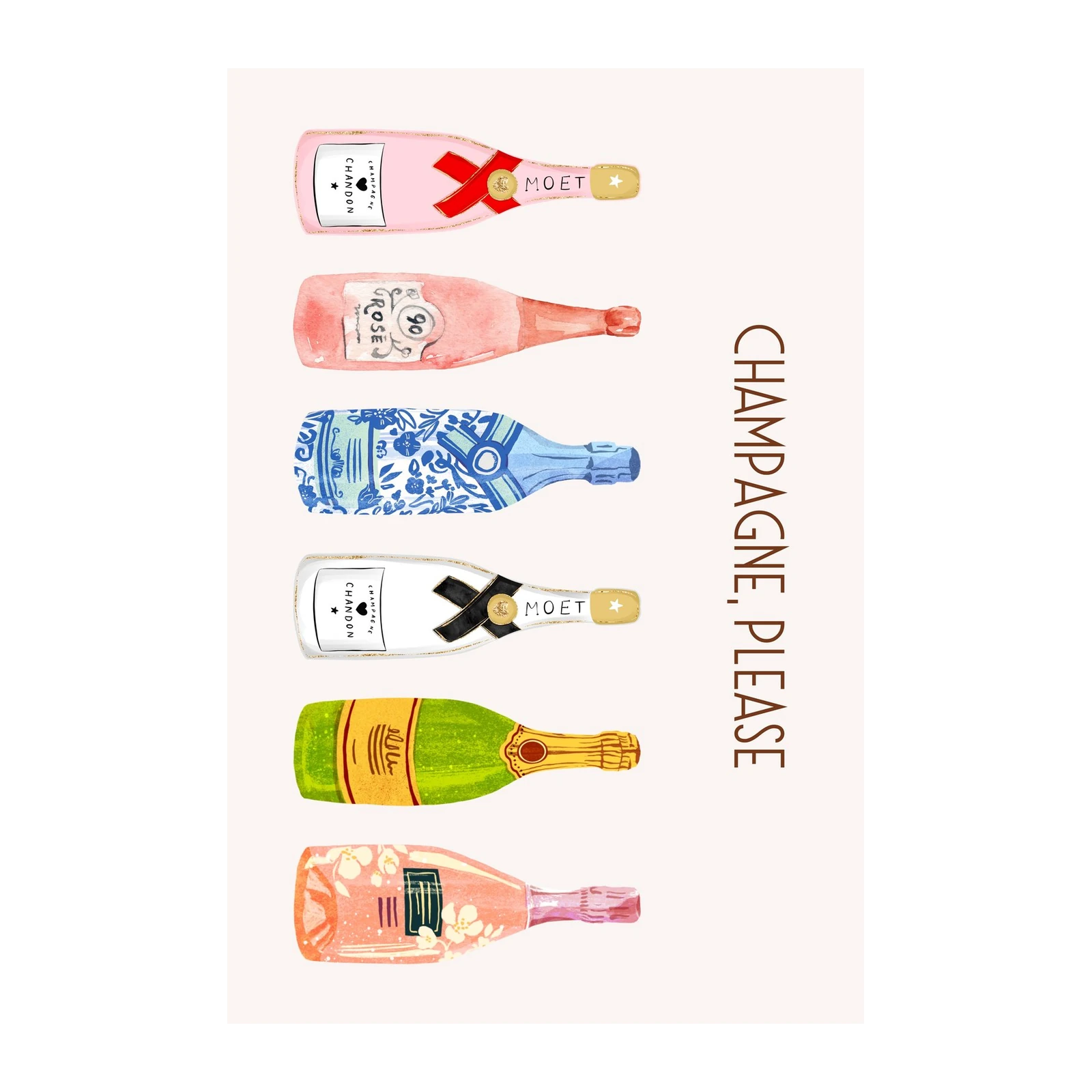 Elegant Champagne Bottles Watercolor Wall Art