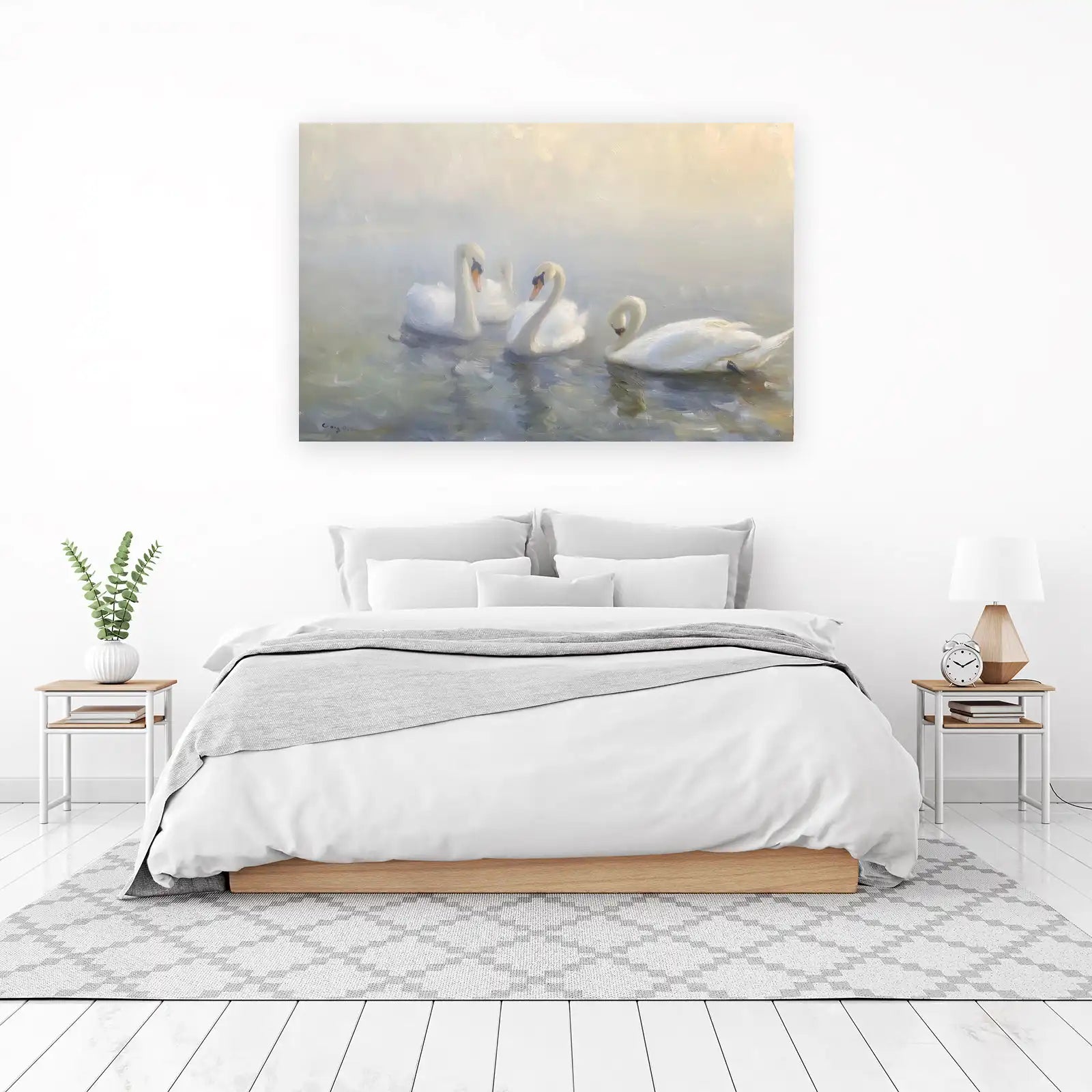 Serene Swan Family Oil Painting Wall Art