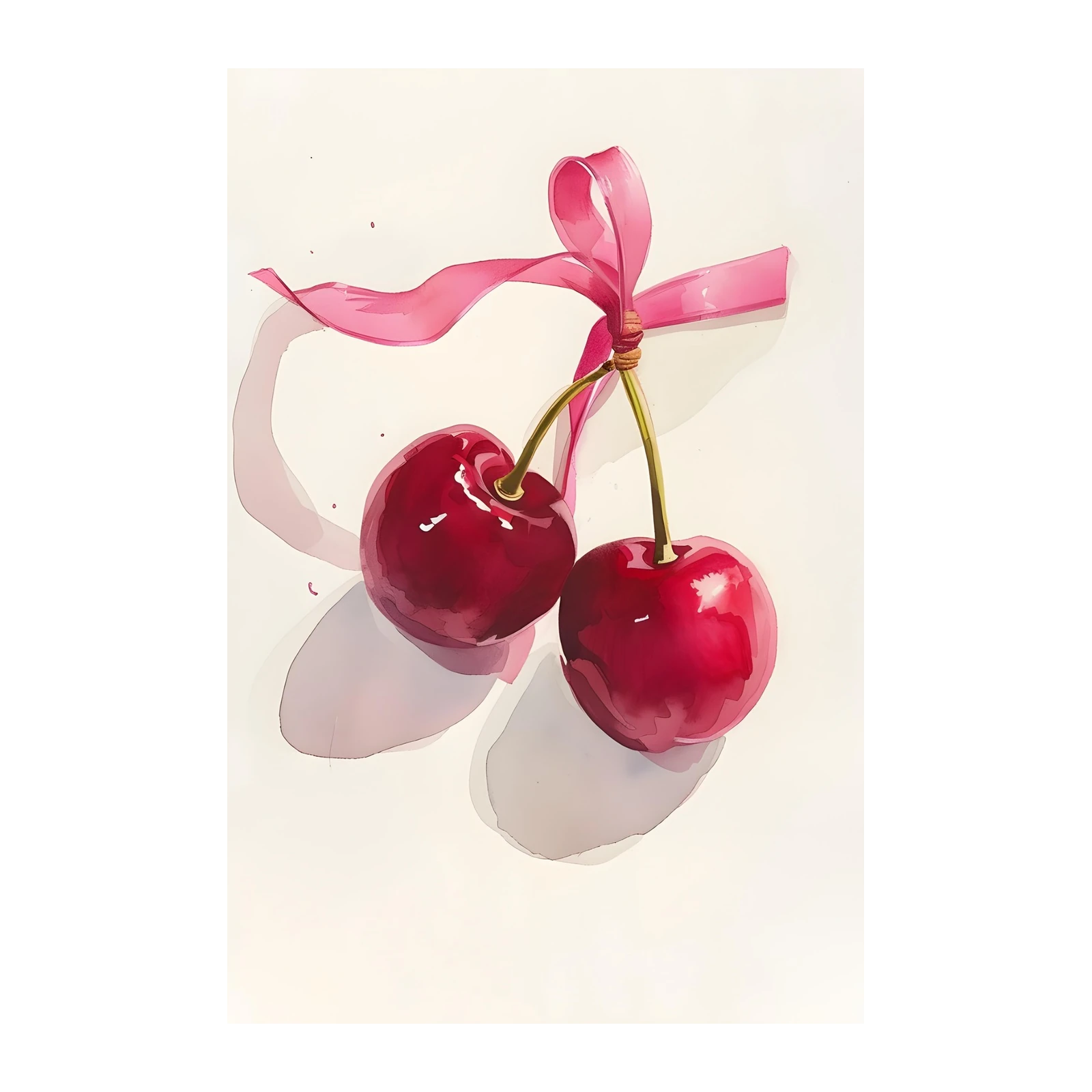 Vibrant Cherries with Pink Ribbon Wall Art