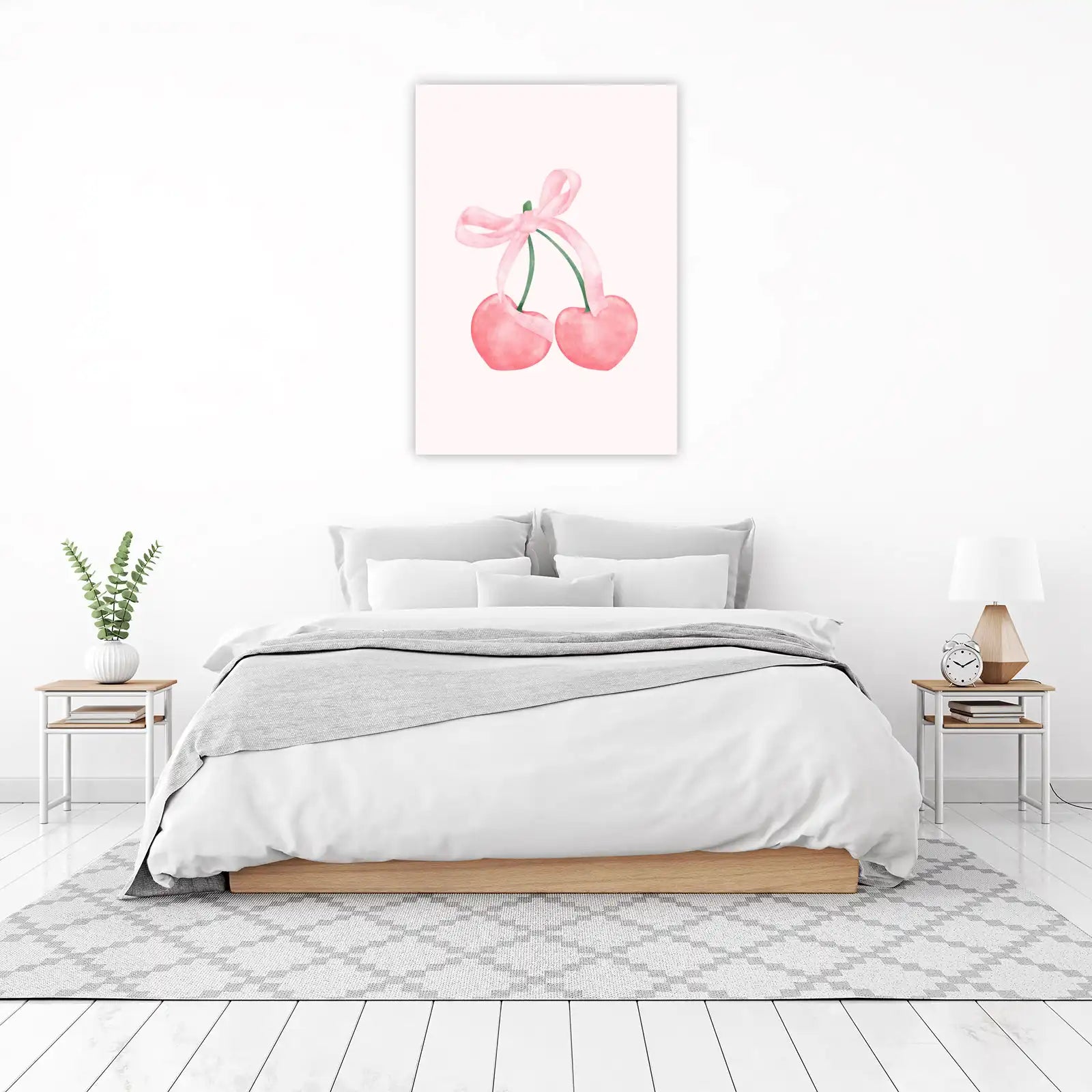 Pink Cherries Bow Watercolor Wall Art
