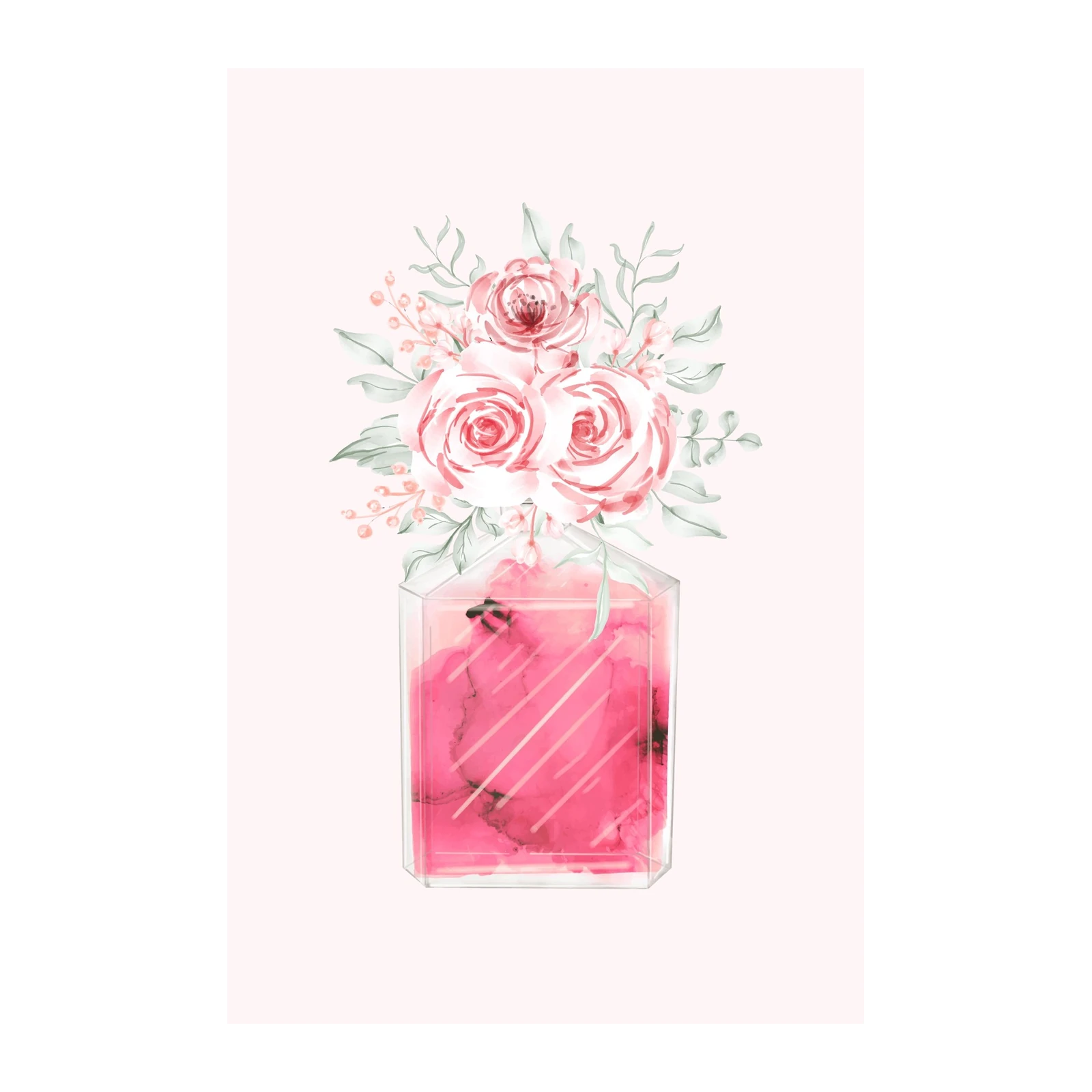 Pink Rose Perfume Bottle Watercolor Wall Art