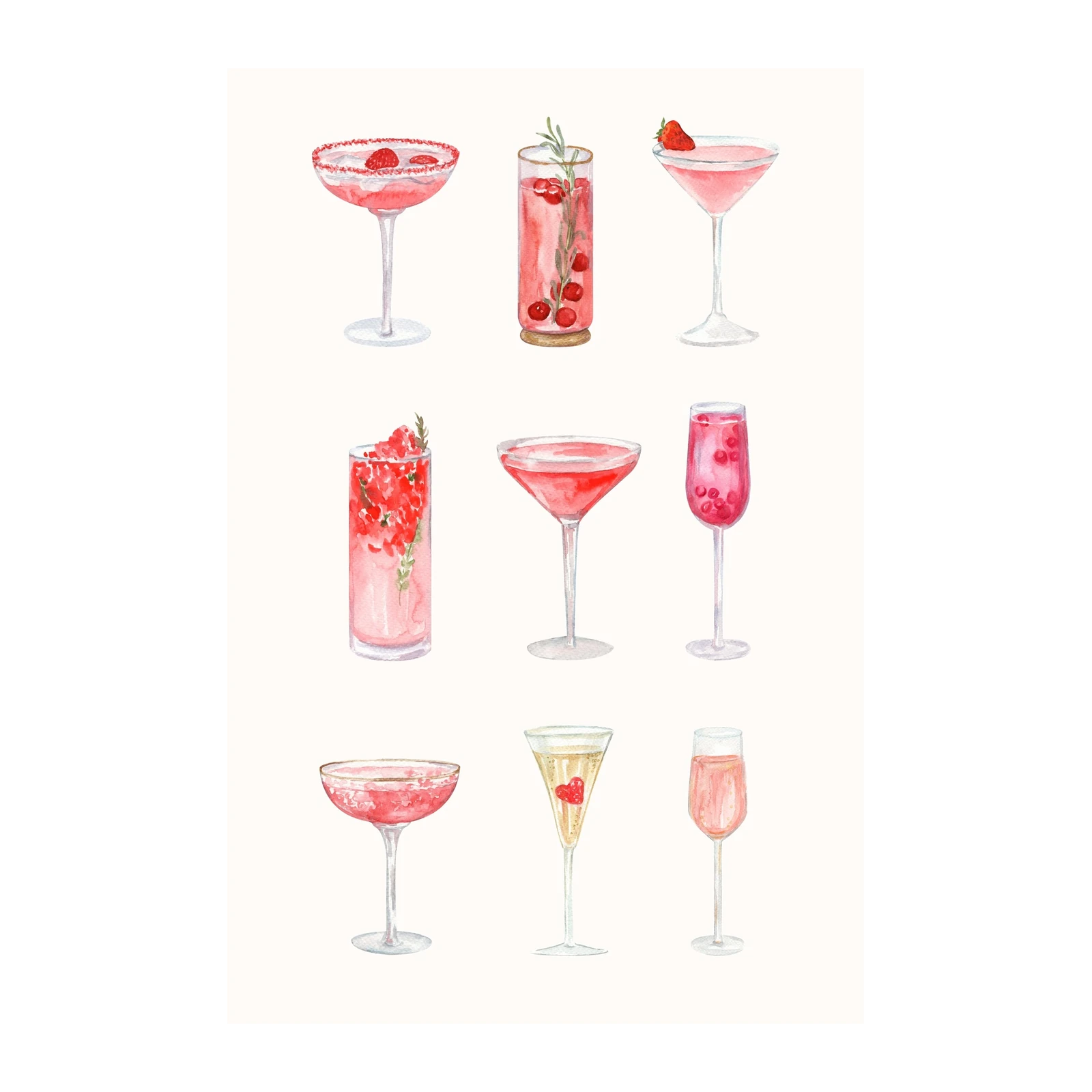 Elegant Pink Cocktails Watercolor Wall Art