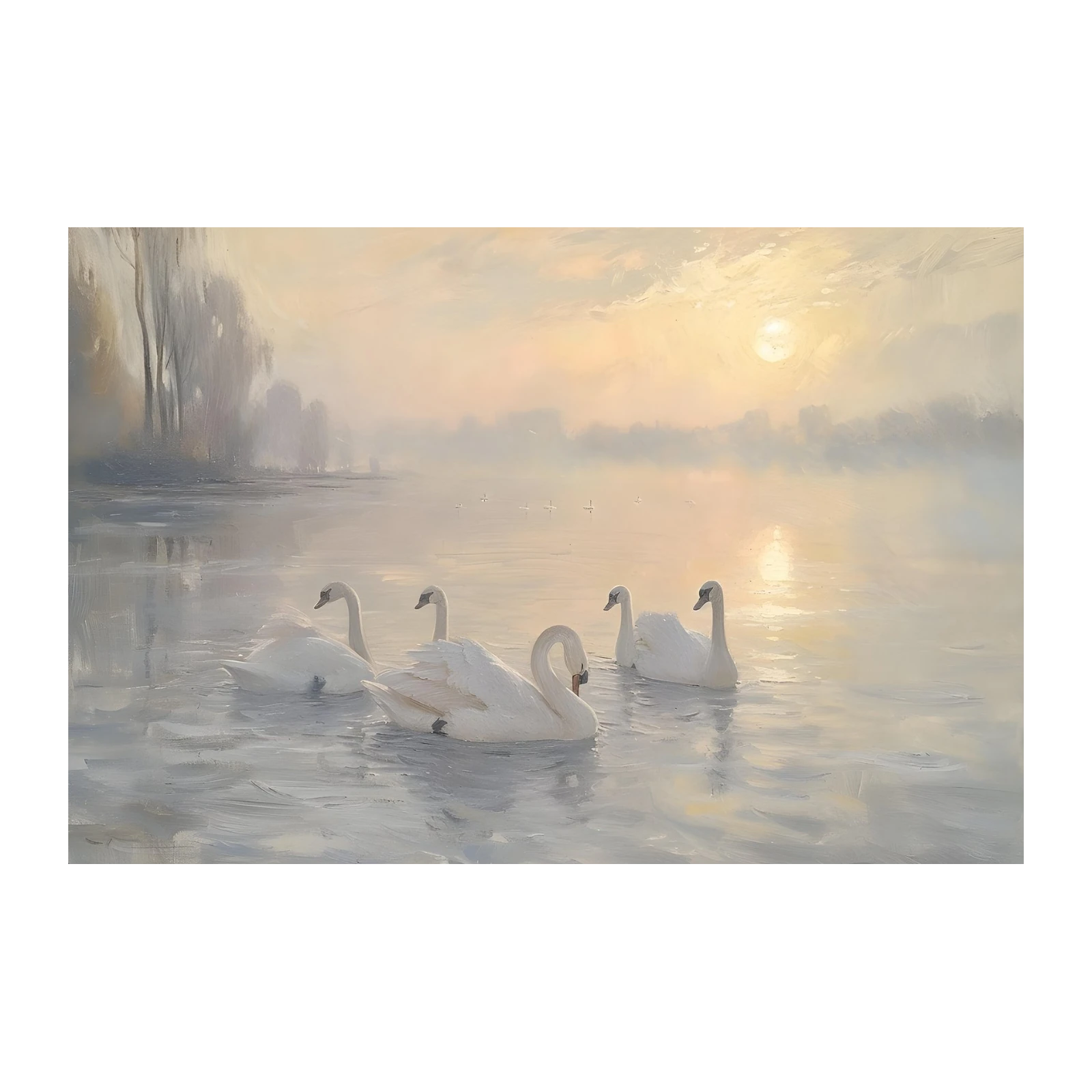 Serene Swans Misty Sunrise Wall Art