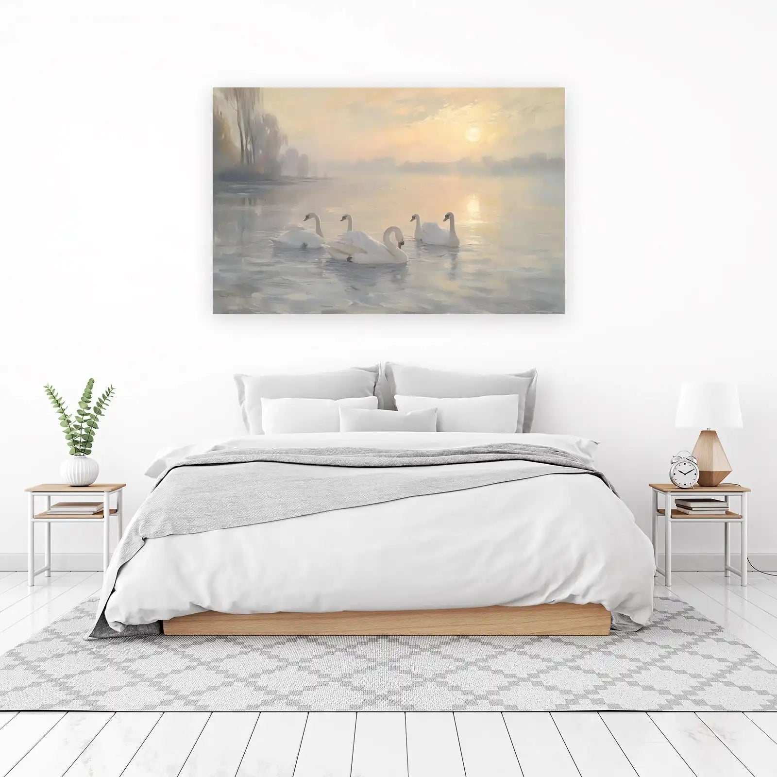 Serene Swans Misty Sunrise Wall Art