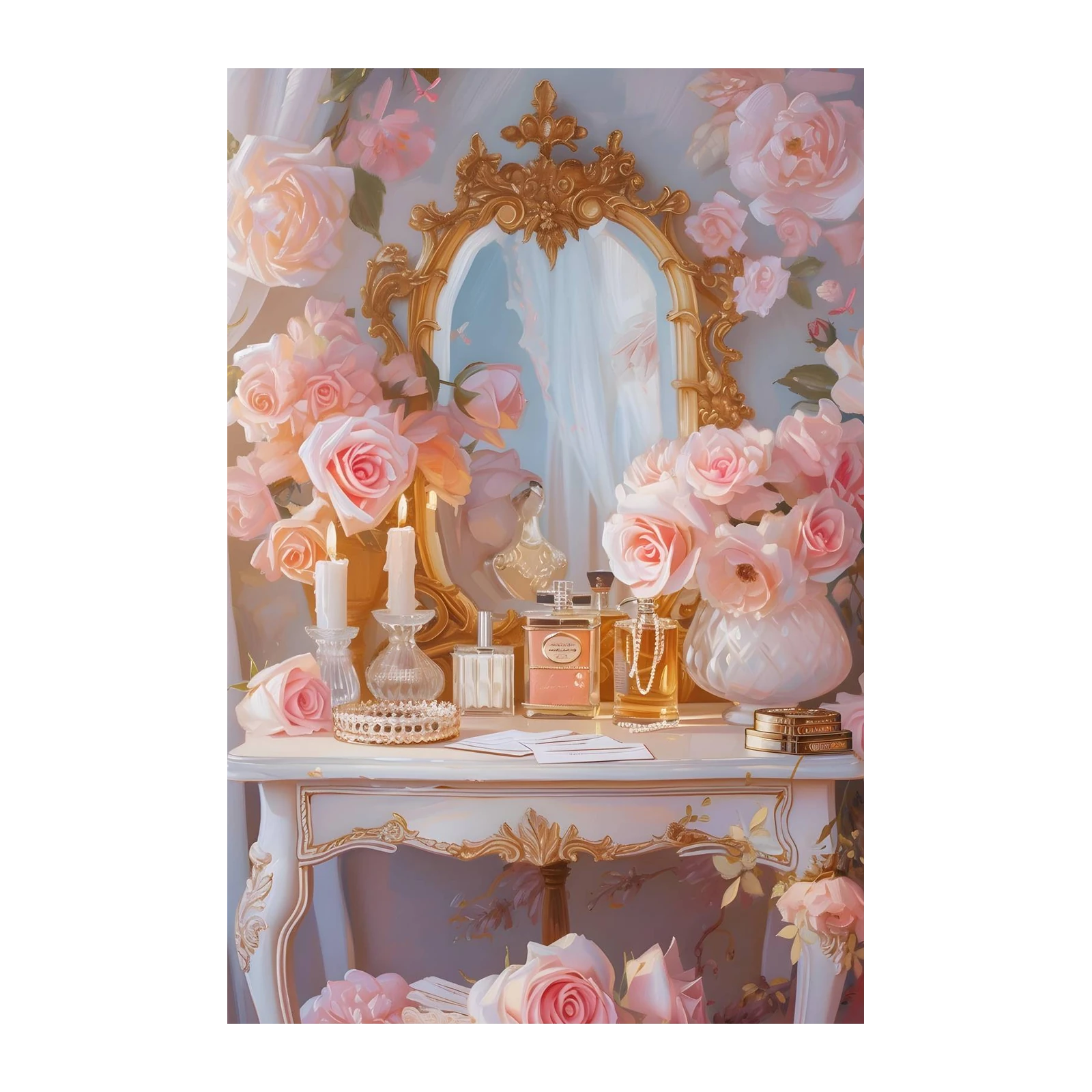 Elegant Roses & Perfume Vanity Gold Mirror Wall Art
