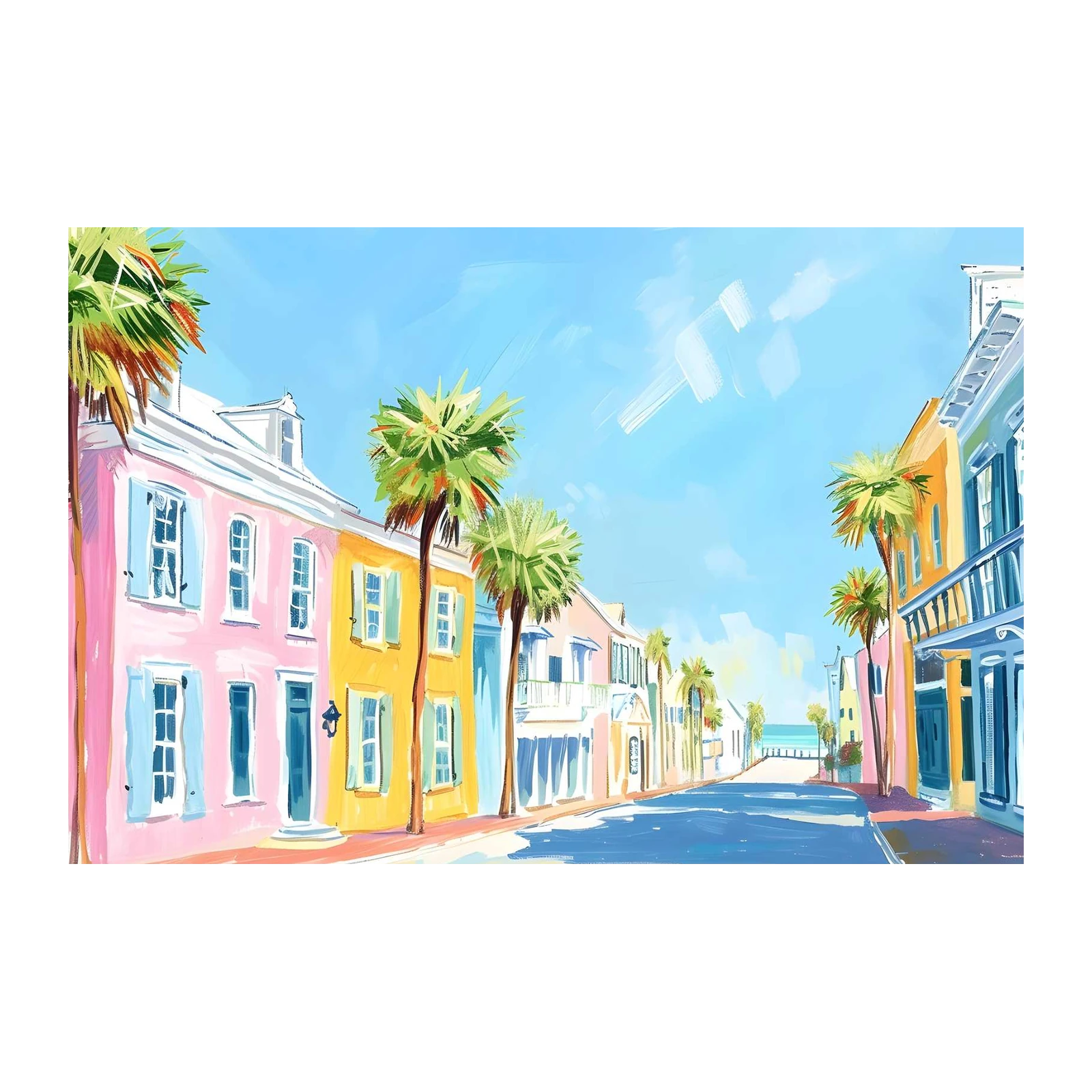 Colorful Coastal Street Palm Trees Wall Art