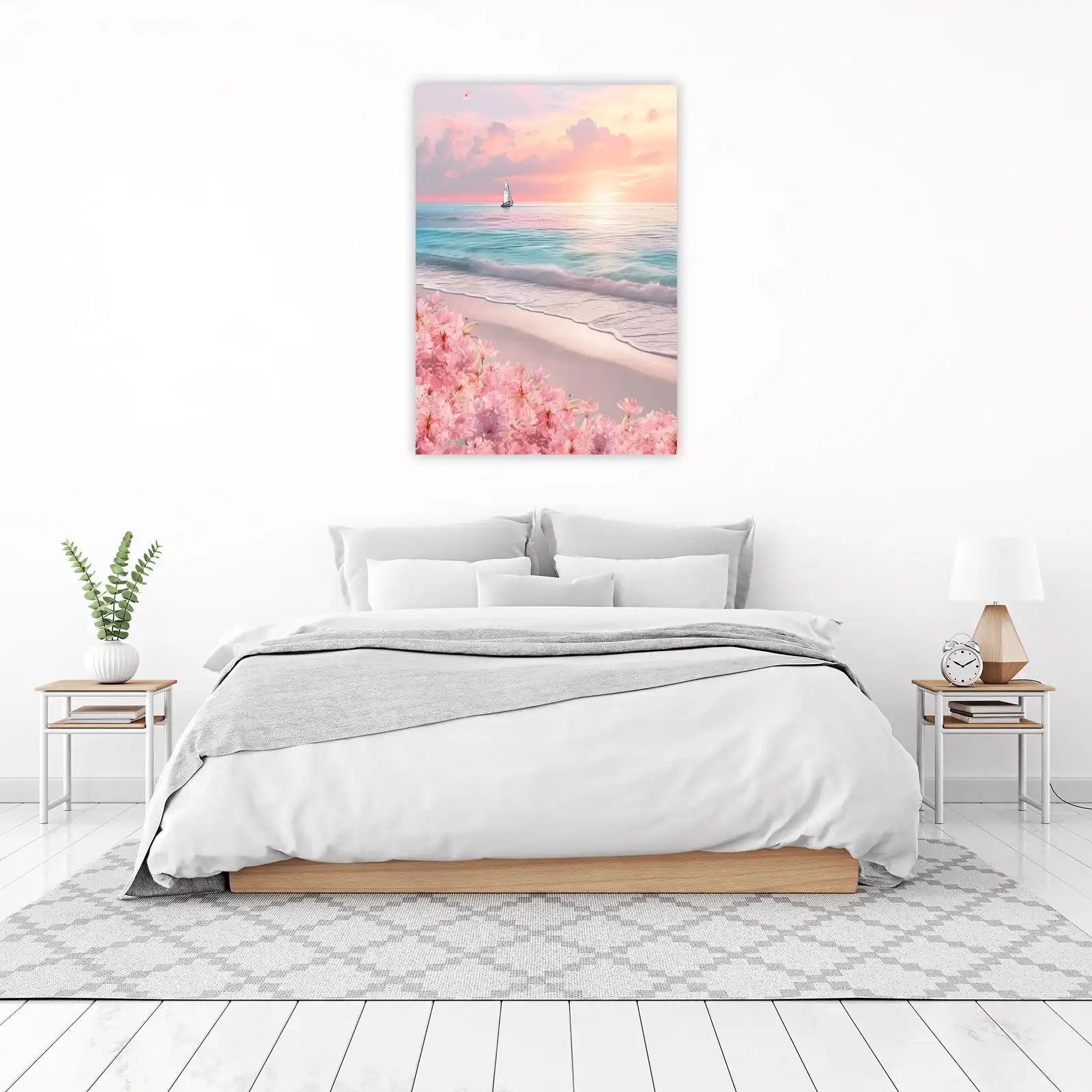 Serene Sailboat Sunset Beach Floral Wall Art