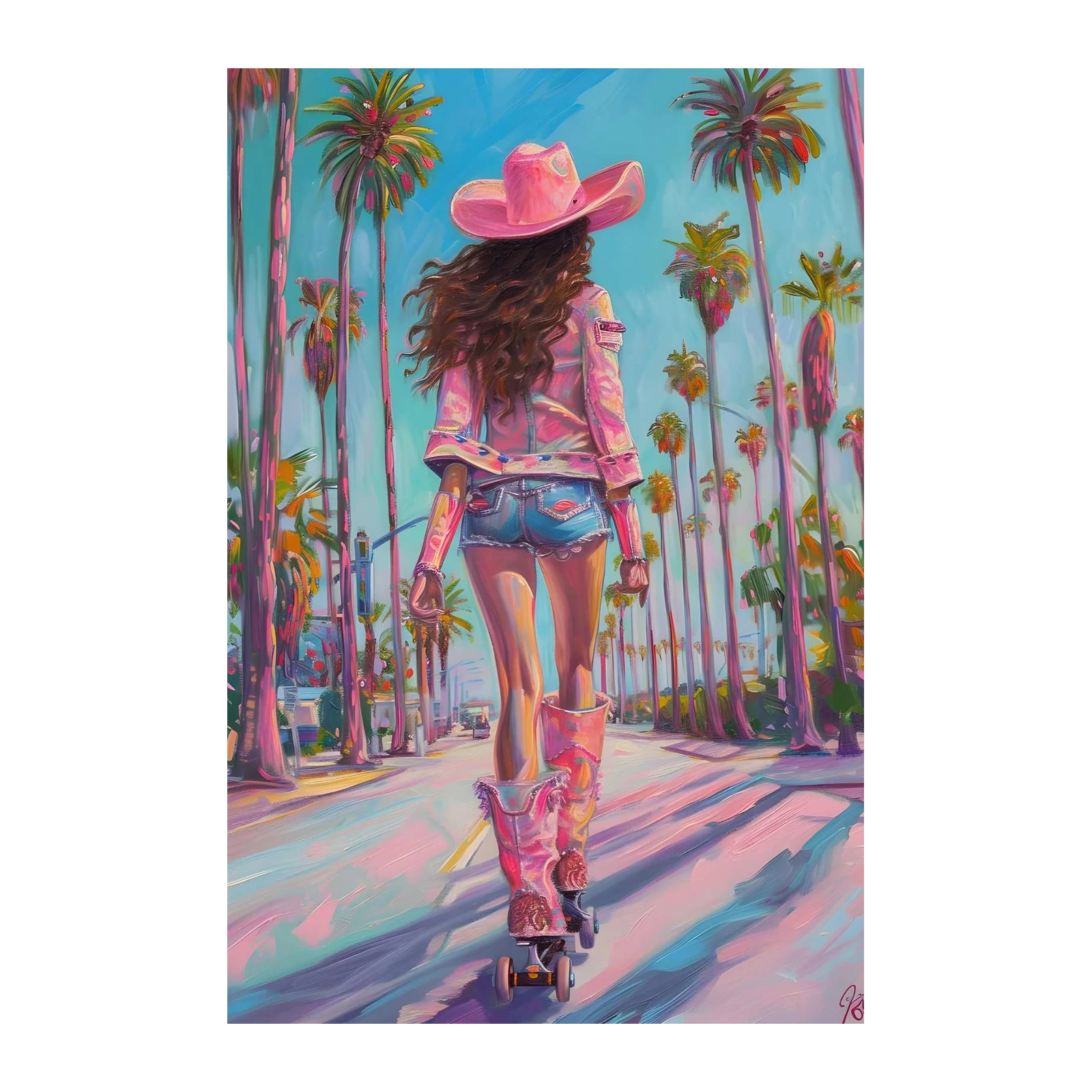 Retro Roller Girl Pink Cowboy Hat Wall Art