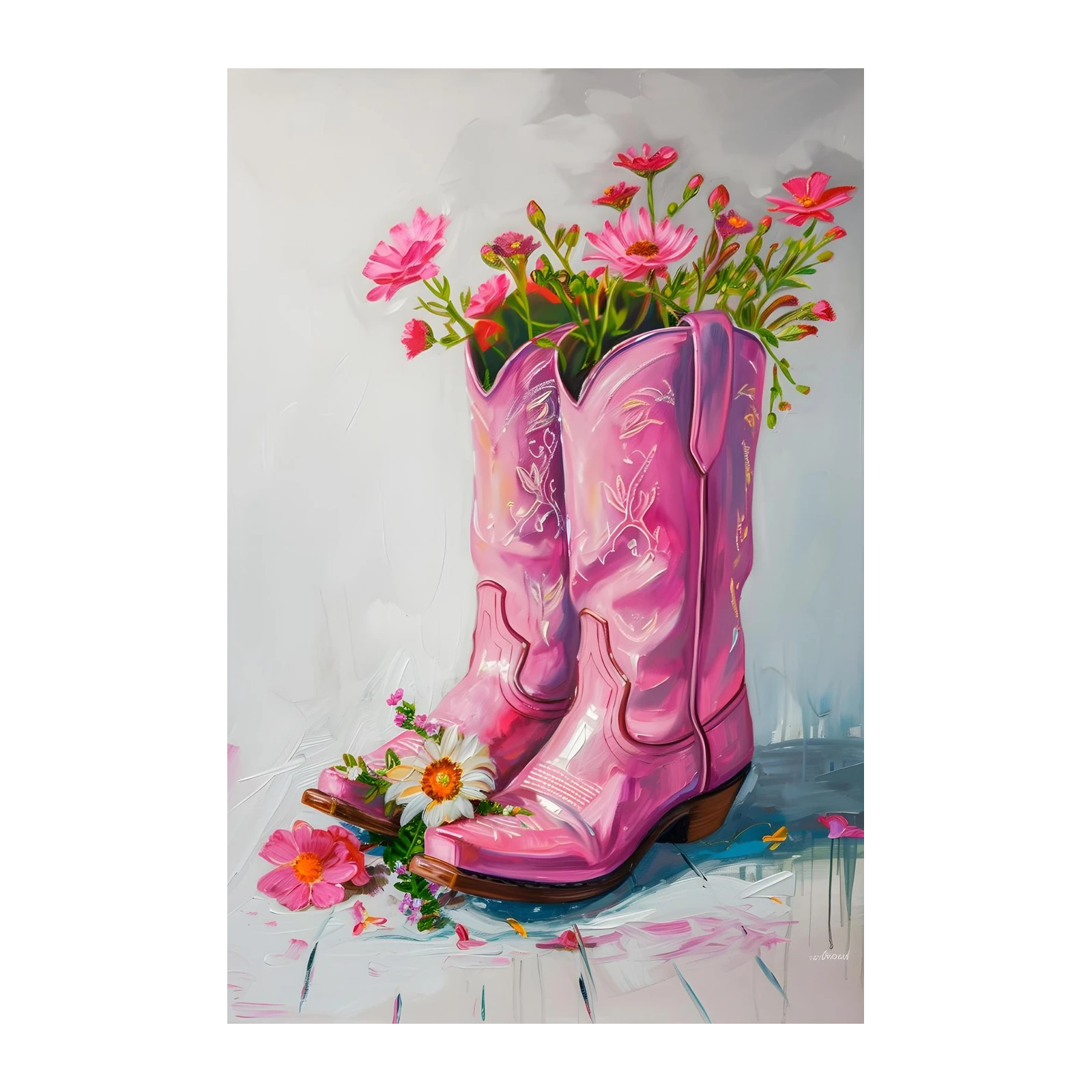 Pink Cowboy Boots Floral Wall Art