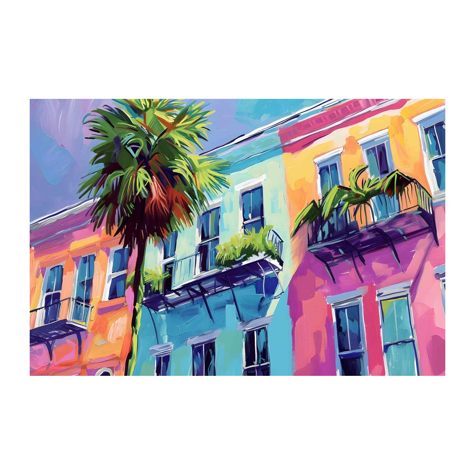 Vibrant Tropical Building Palm Tree Wall Art