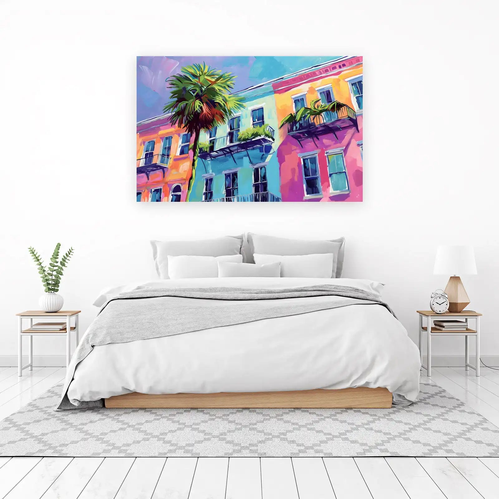 Vibrant Tropical Building Palm Tree Wall Art