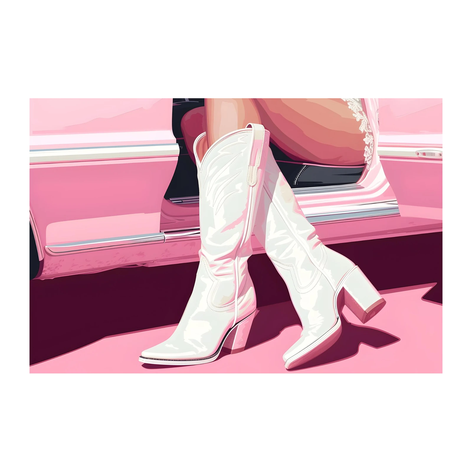White Cowboy Boots Pink Car Wall Art
