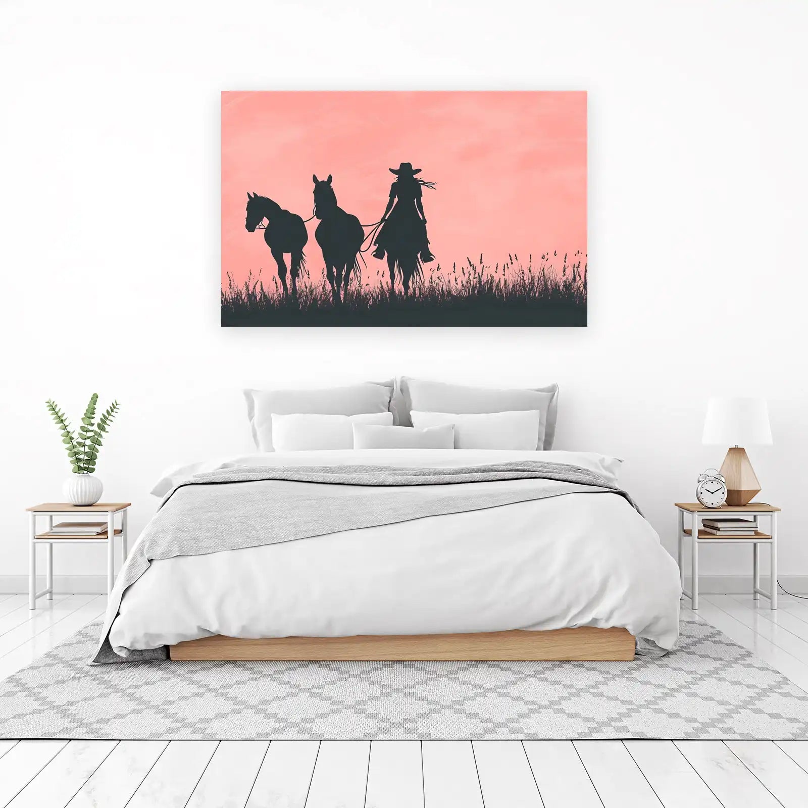 Cowgirl & Horses Sunset Silhouette Wall Art