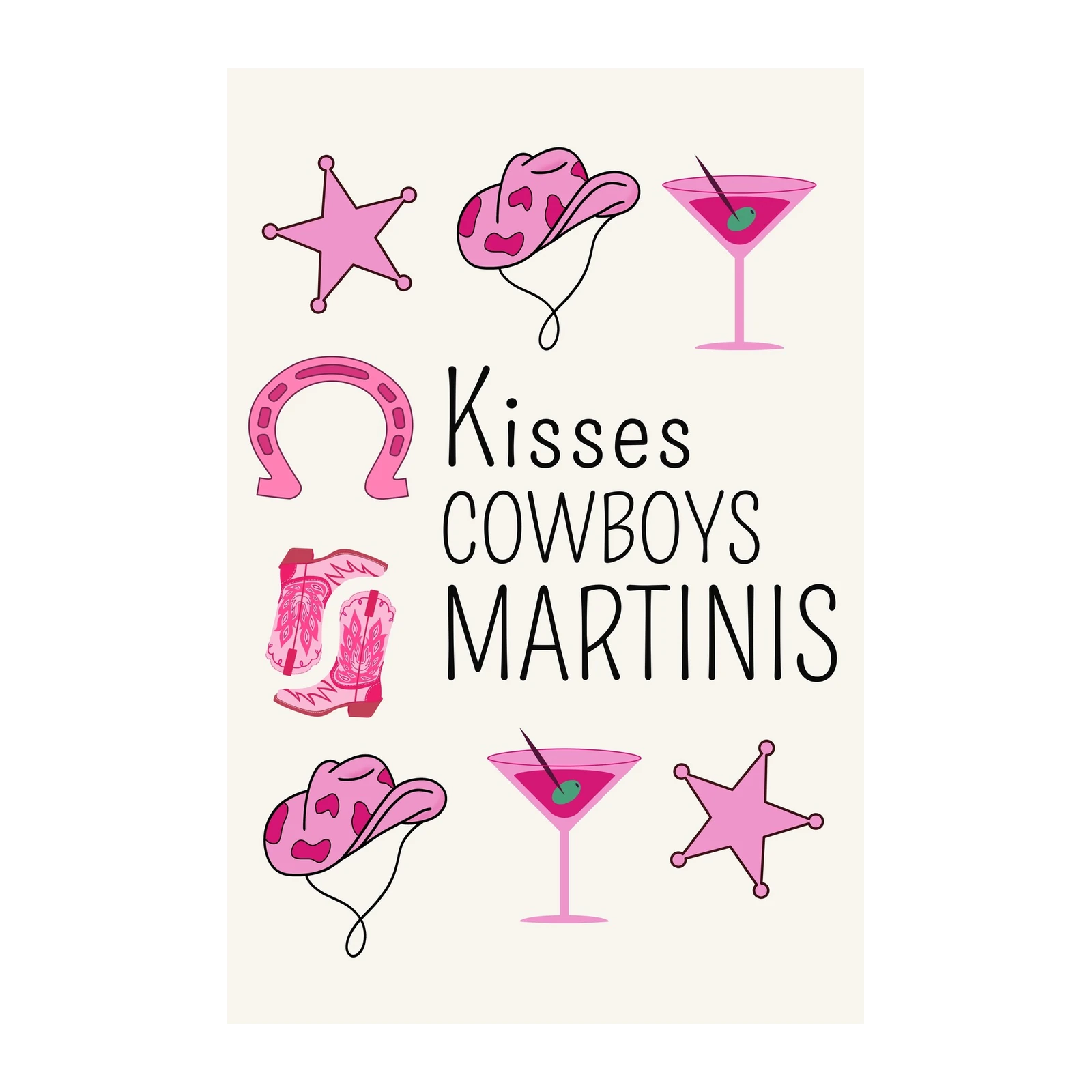 Kisses Cowboys Martinis Pink Western Wall Art