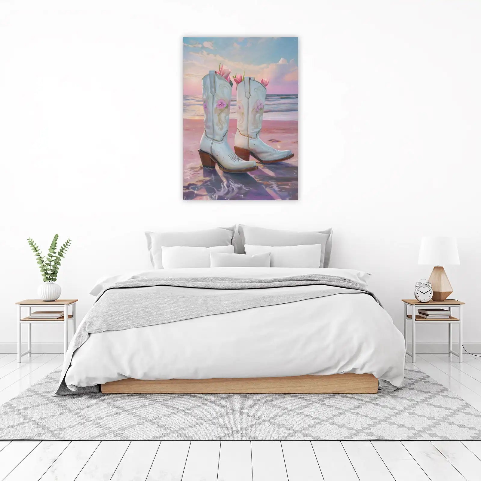 White Cowboy Boots Beach Floral Wall Art