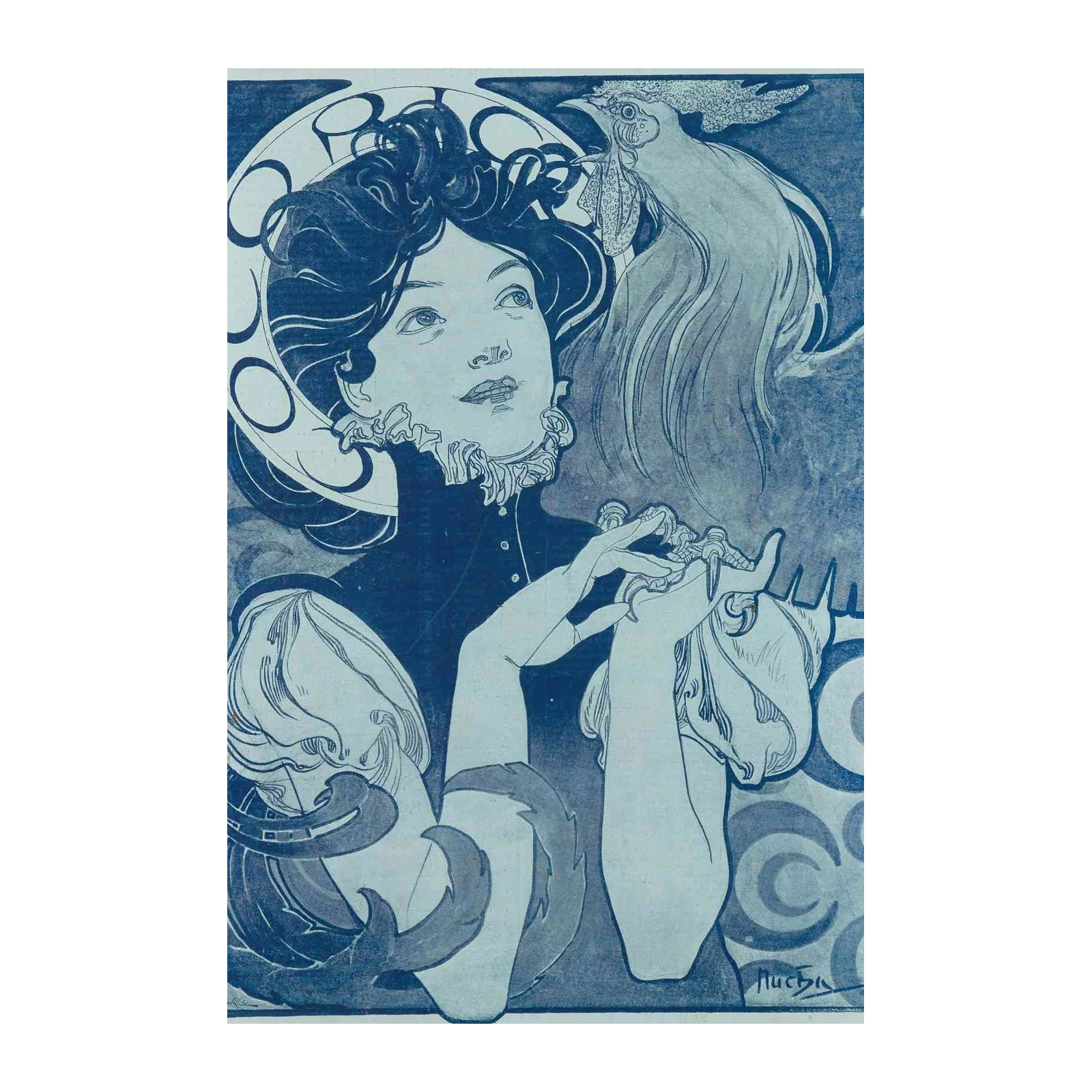 Art Nouveau Woman & Rooster Blue Wall Art
