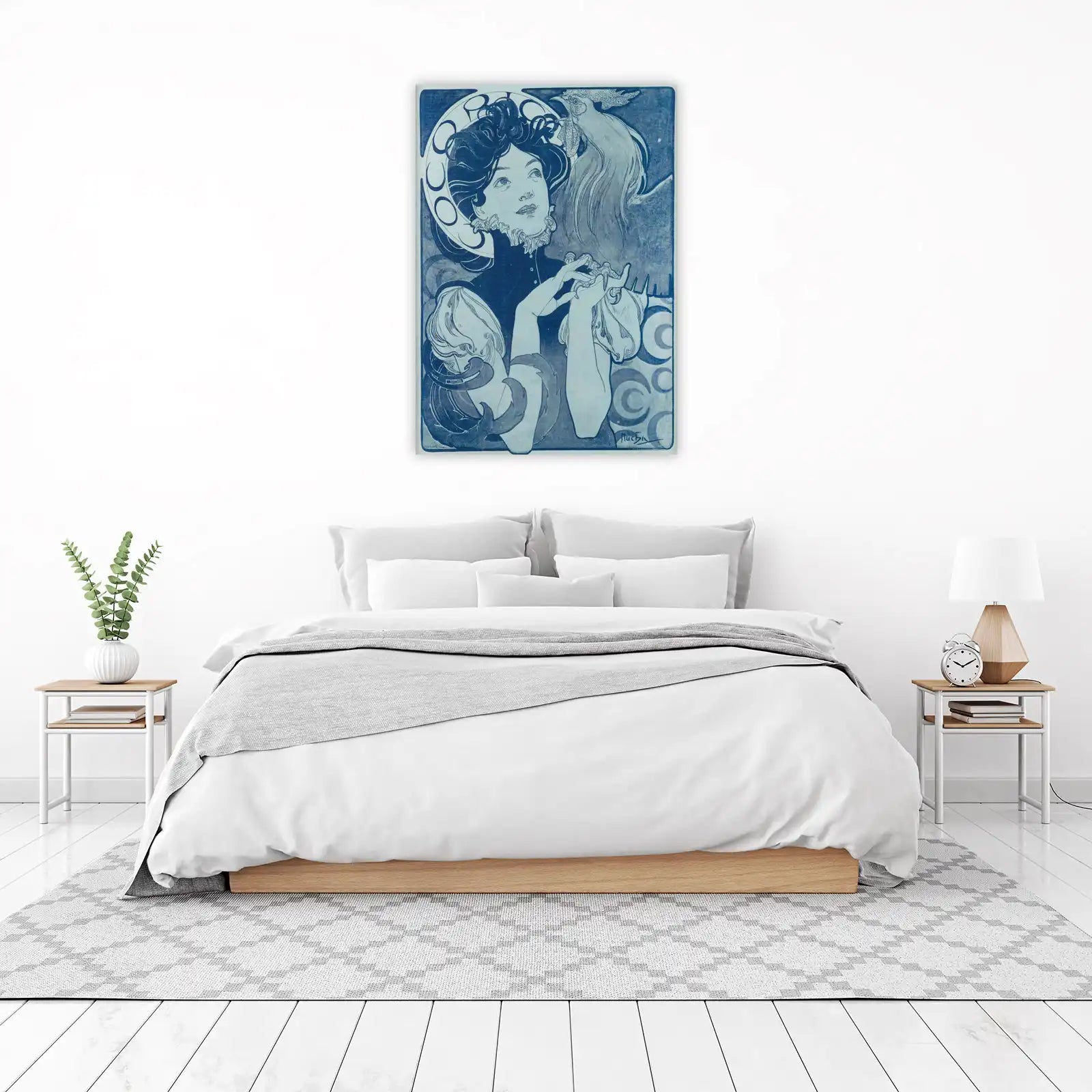 Art Nouveau Woman & Rooster Blue Wall Art