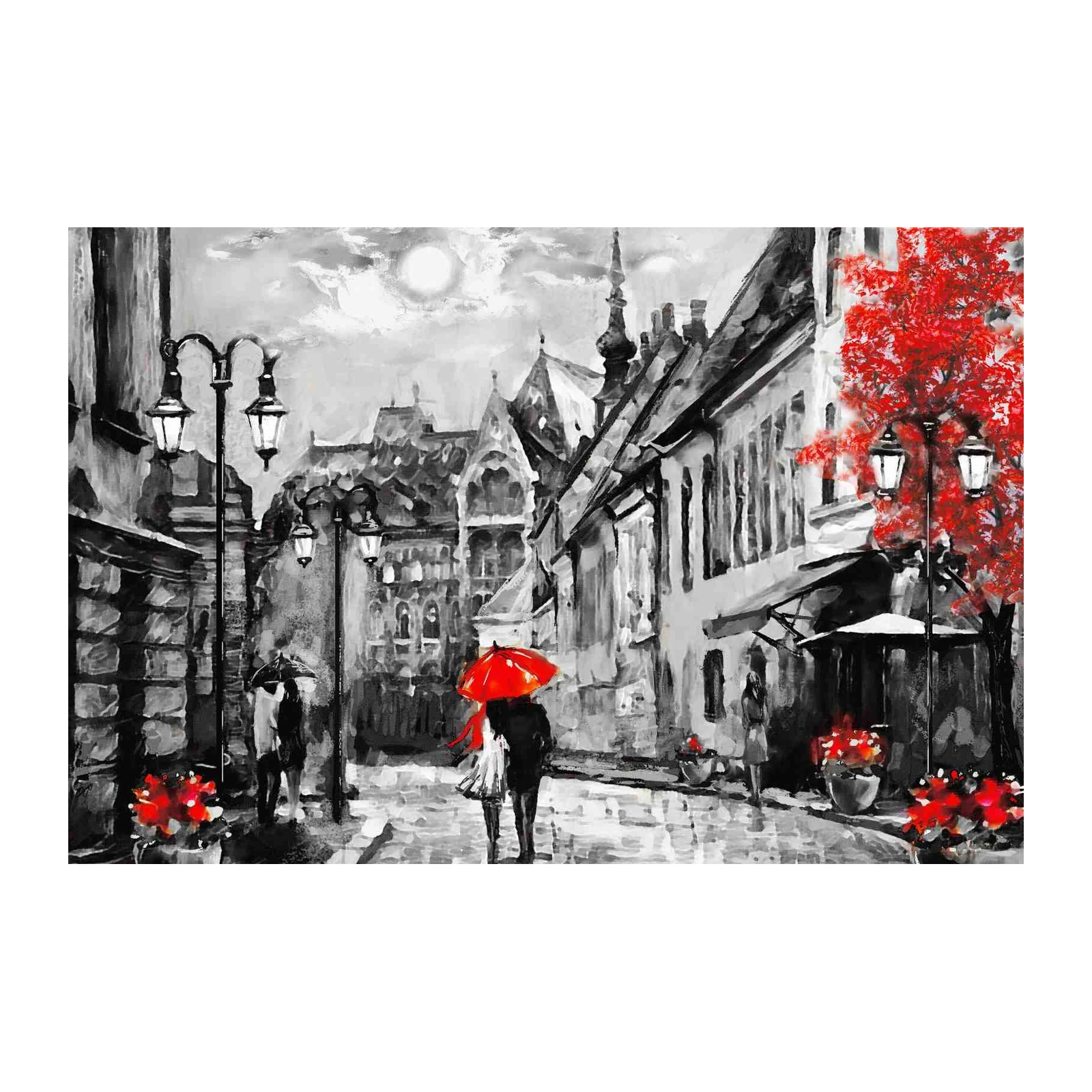 Romantic Cityscape Couple Red Umbrella Wall Art