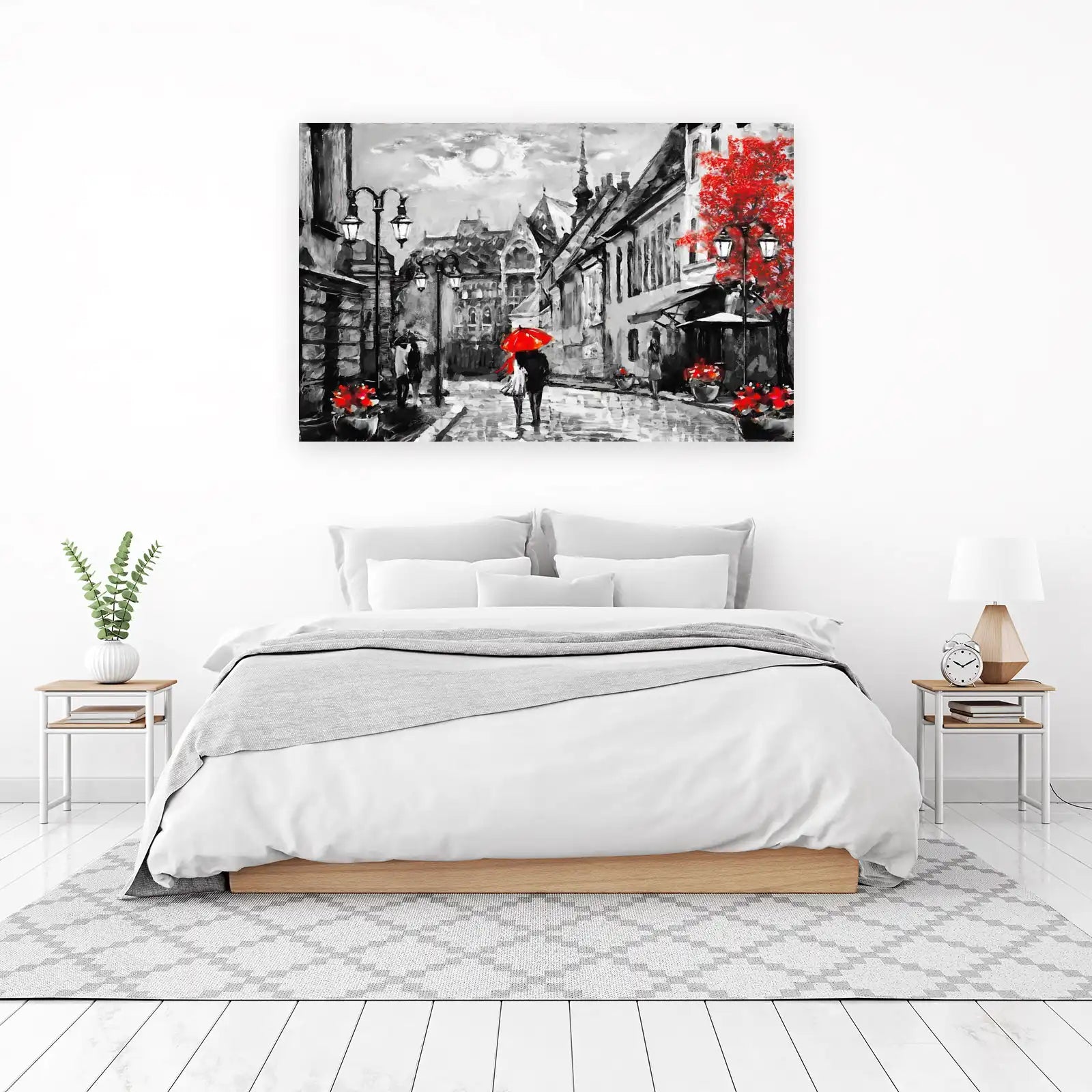 Romantic Cityscape Couple Red Umbrella Wall Art