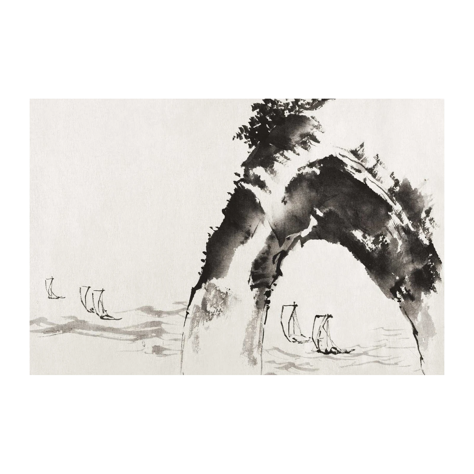 Serene Mountain & Sailboat Ink Wash Wall Art
