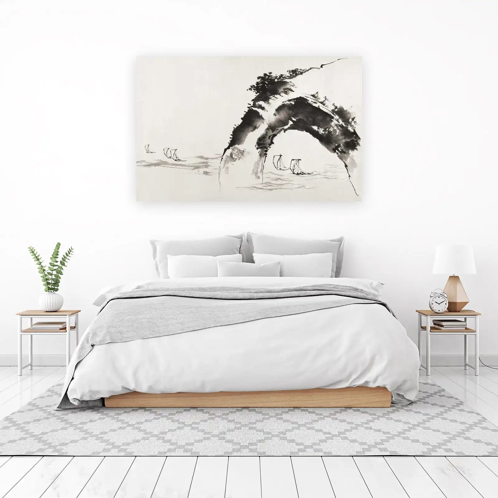 Serene Mountain & Sailboat Ink Wash Wall Art