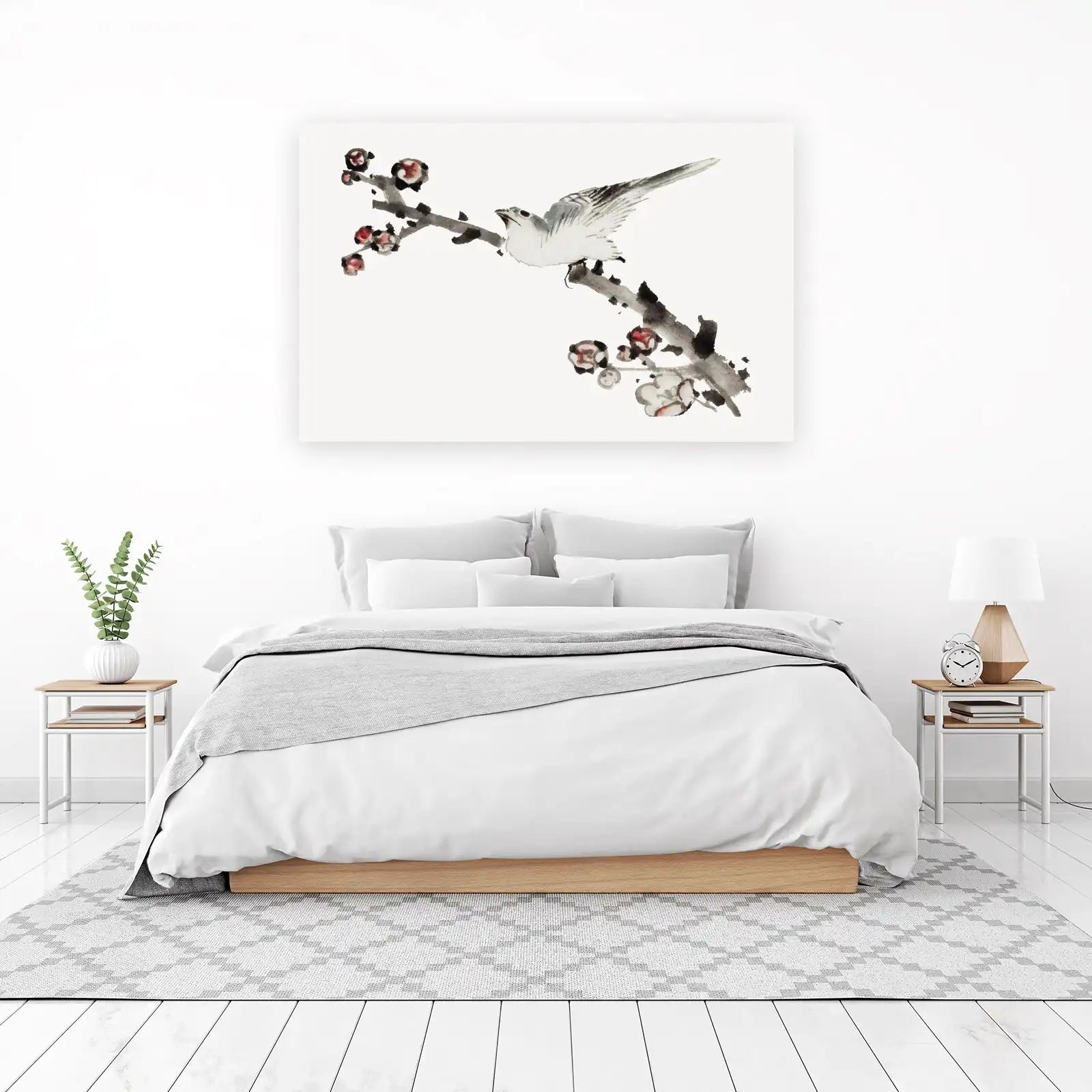 Serene Bird Plum Blossom Ink Painting Wall Art