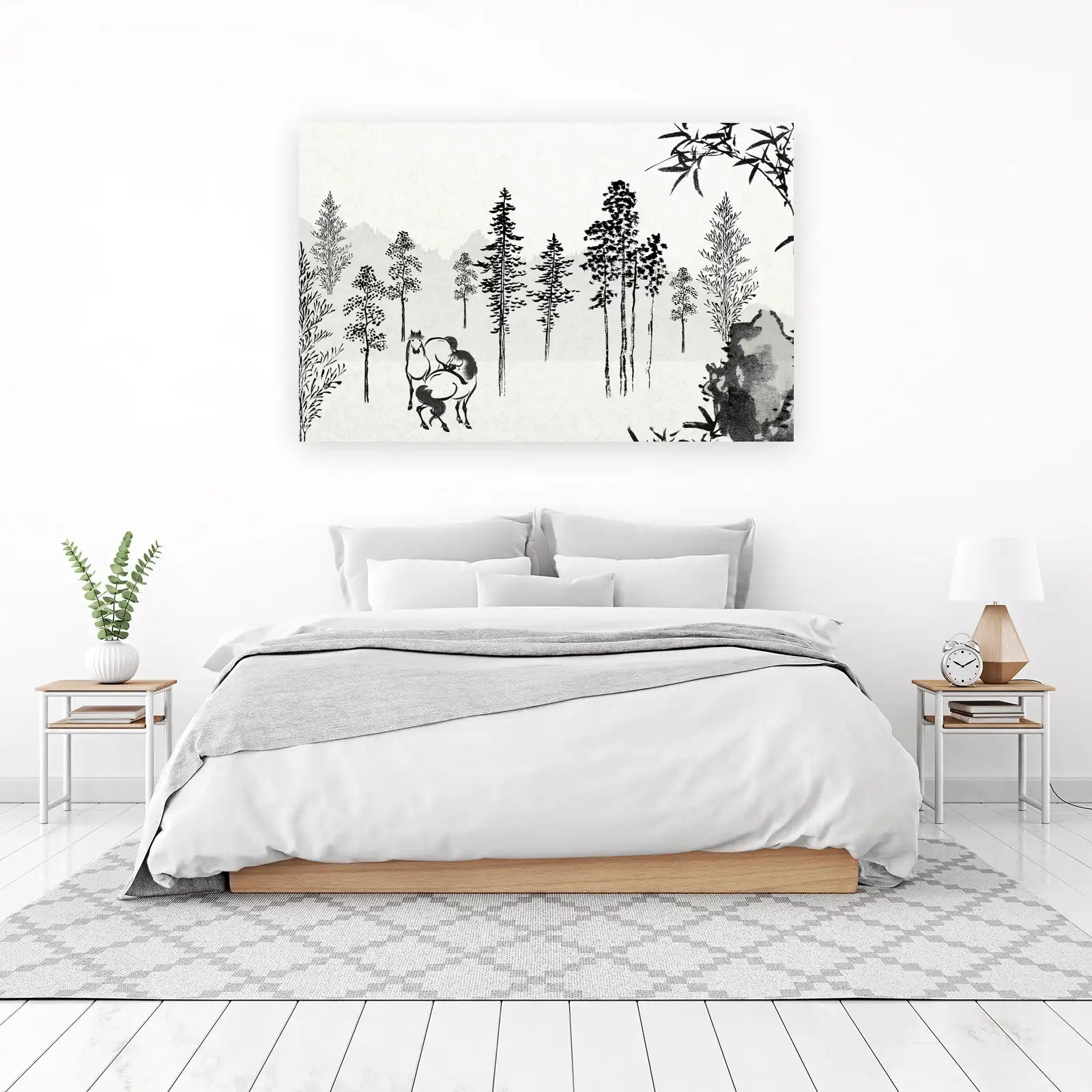 Serene Forest Horses Ink Wash Wall Art