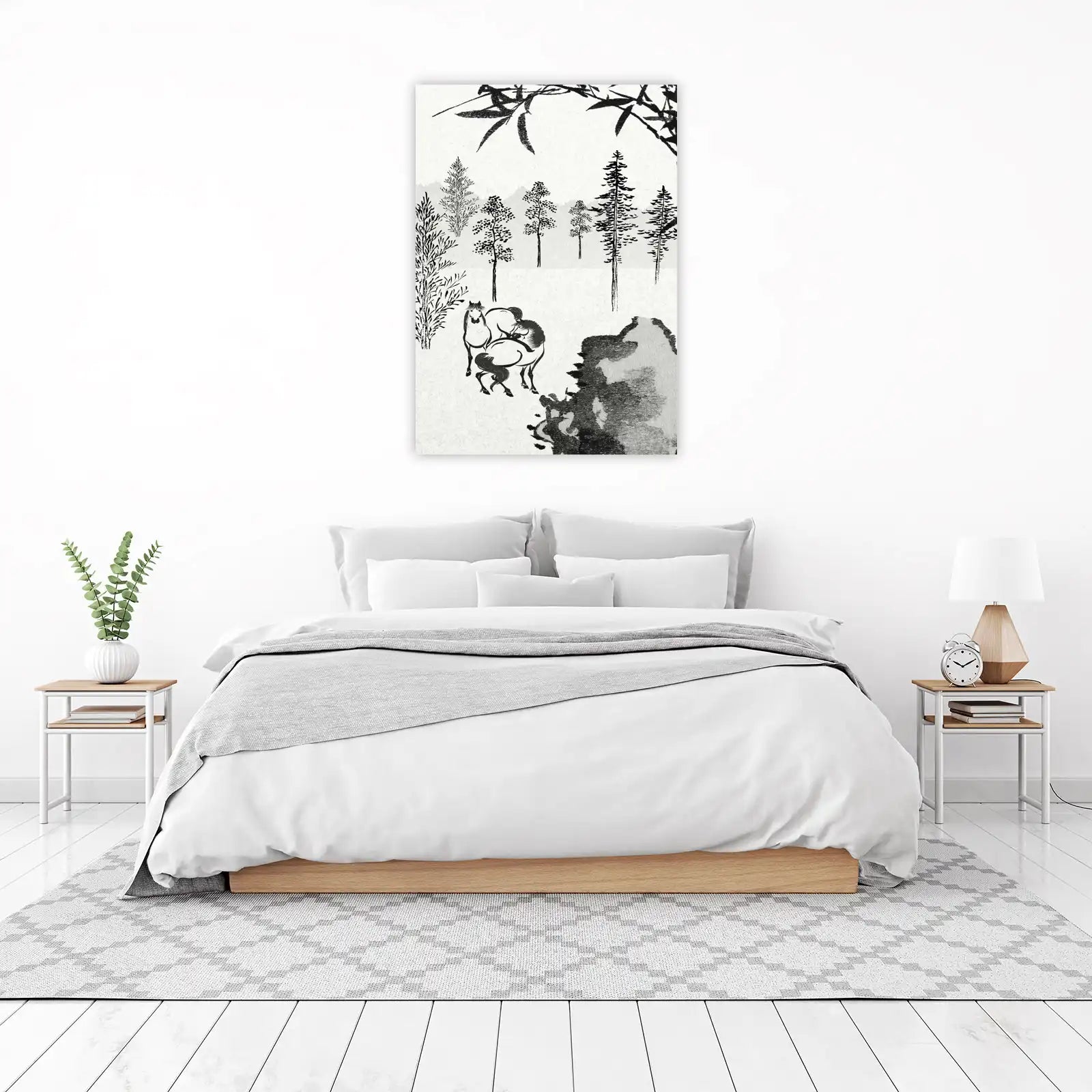 Serene Horses & Bamboo Ink Brush Wall Art