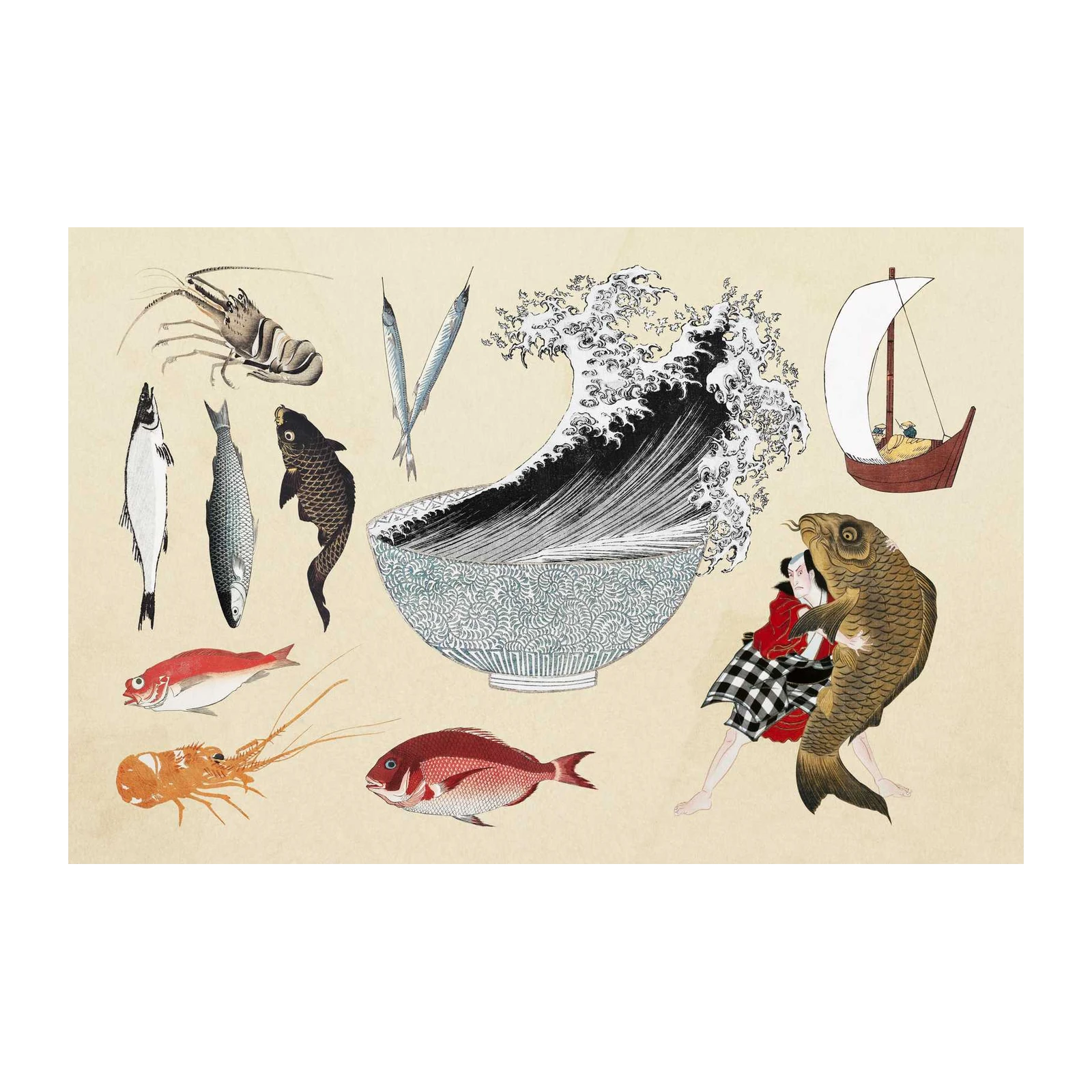 Japanese Ukiyo-e Fish & Wave Wall Art
