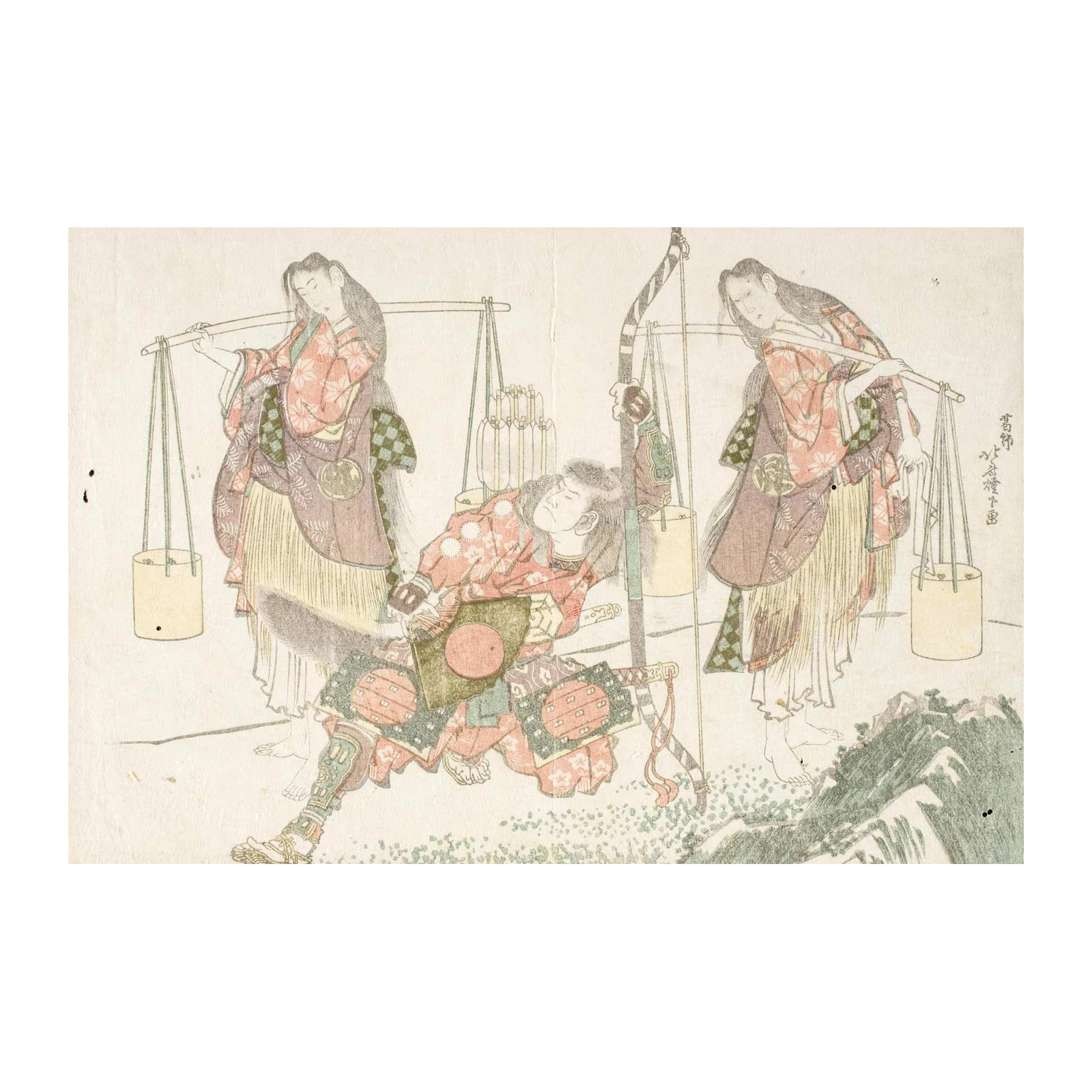 Vintage Japanese Warrior & Maidens Wall Art