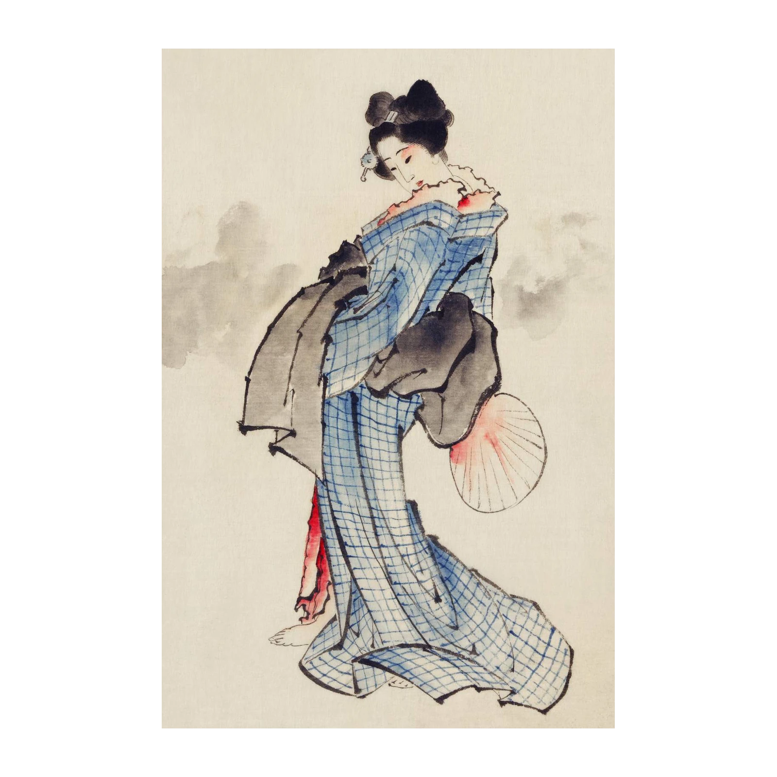 Elegant Geisha Blue Check Kimono Wall Art